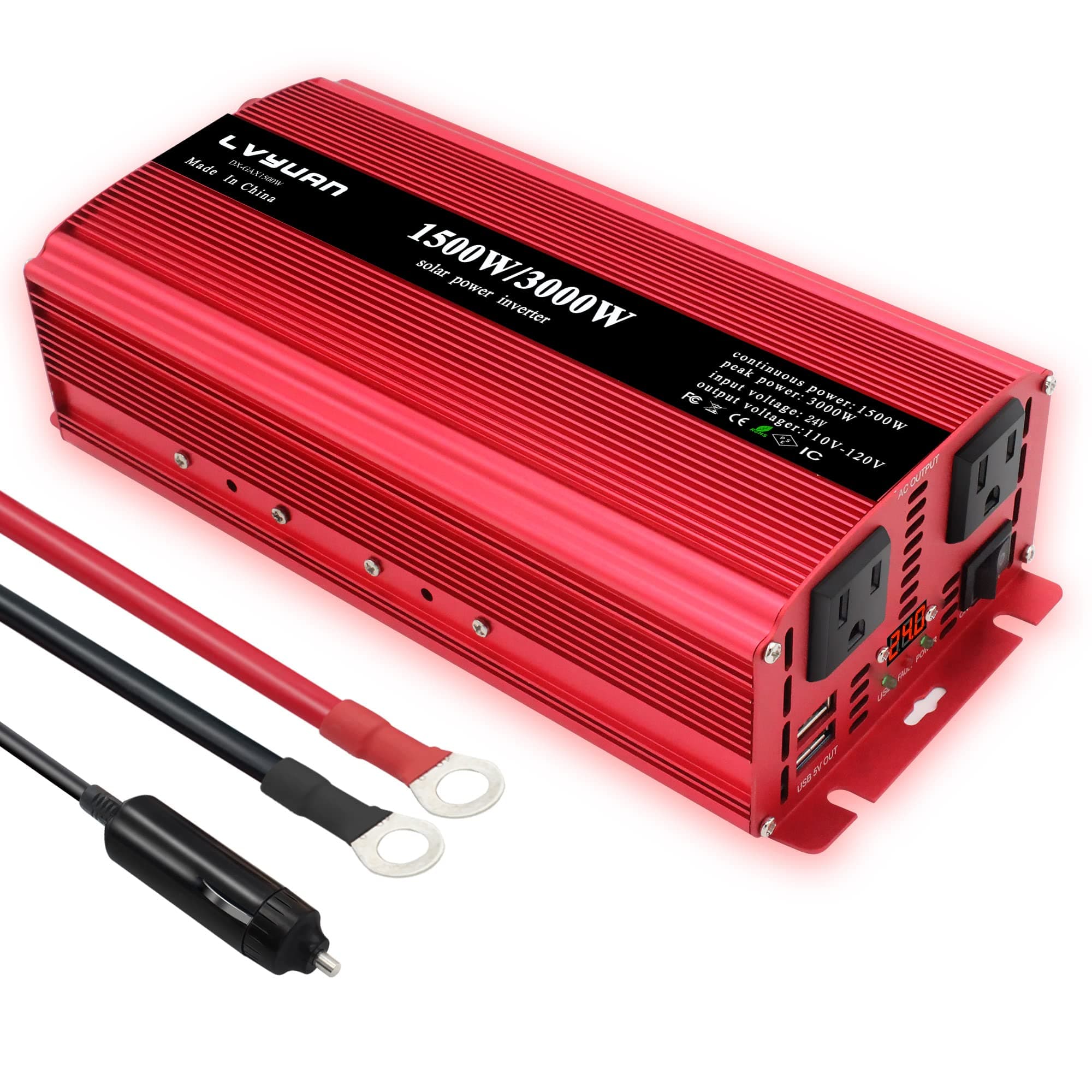 Cantonape 1500W DC 24V to 110V AC Power Inverter with Dual AC Outlets and Dual 3.1A USB Car Adapter, Replaceable Fuses and Cigarette Lighter for Car Home Laptop Truck