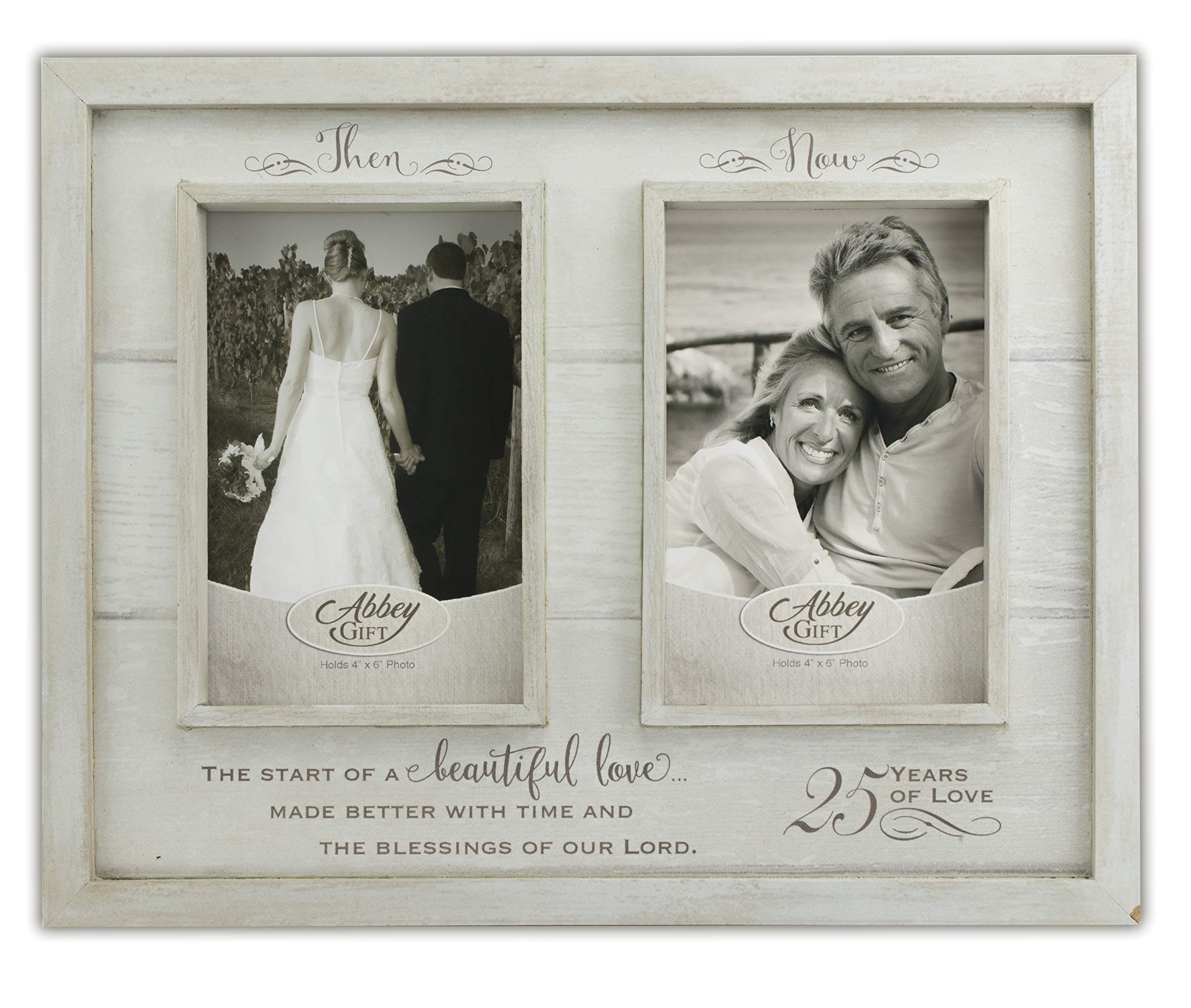25th Anniversary Wood Photo Frame, 12 x 9.5-Inches, Holds 2 Then and Now Photos, Rustic White Woodgrain, By Abbey & CA Gift