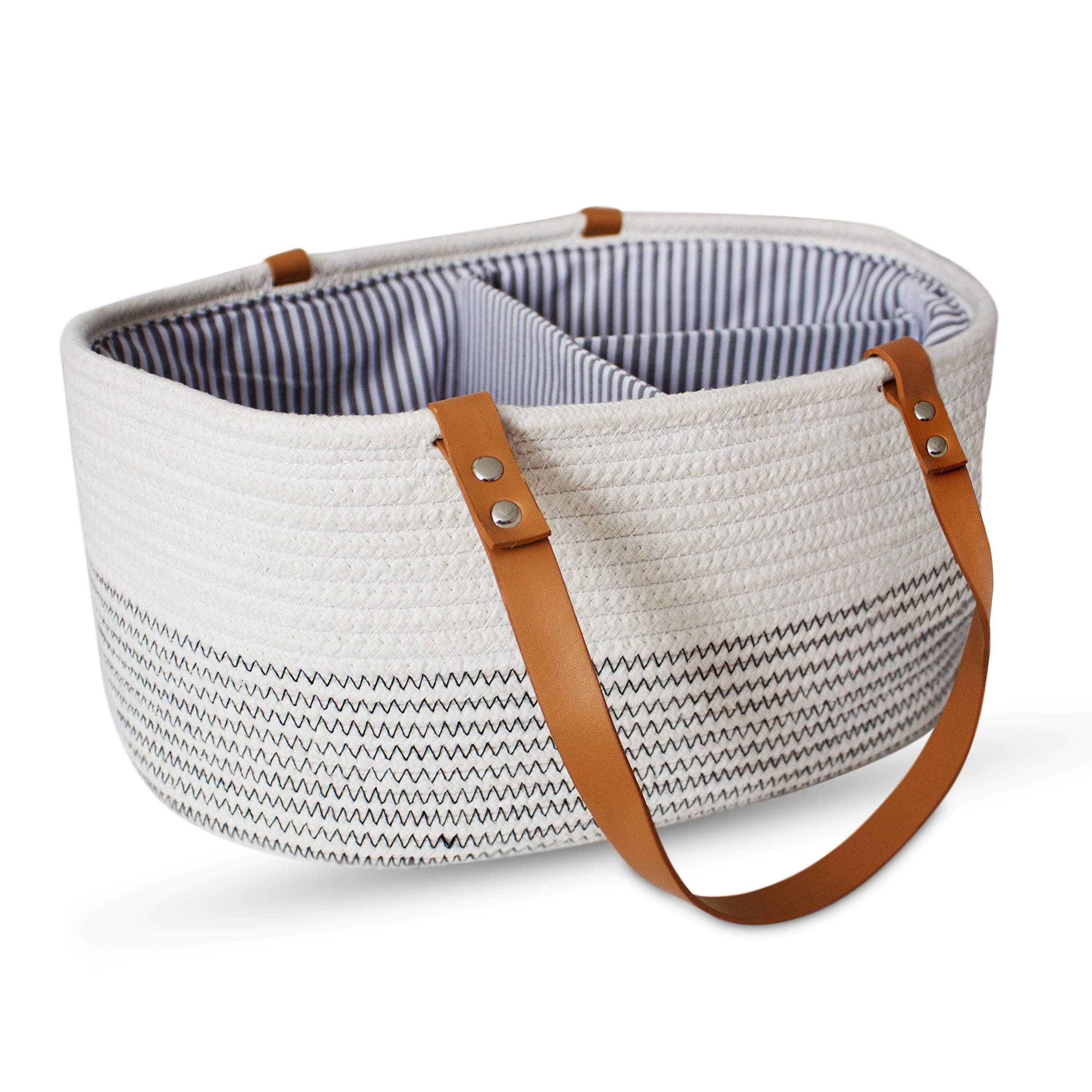 Rope Baby Diaper Caddy Organizer – Trendy Nursery Storage Bin – Large Woven Cotton Tote with Removable Inserts and Eco Leather Handles – Baby Car Organizer or Shower Gift Basket