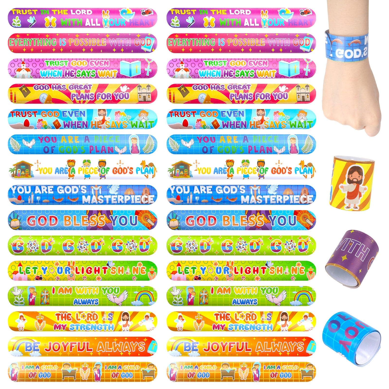 LovesTown 48PCS Christian Snap Bracelets, Bible Verses Religious Slap Wristbands Slap Bracelets for Kids Sunday School Gifts Classroom Prizes
