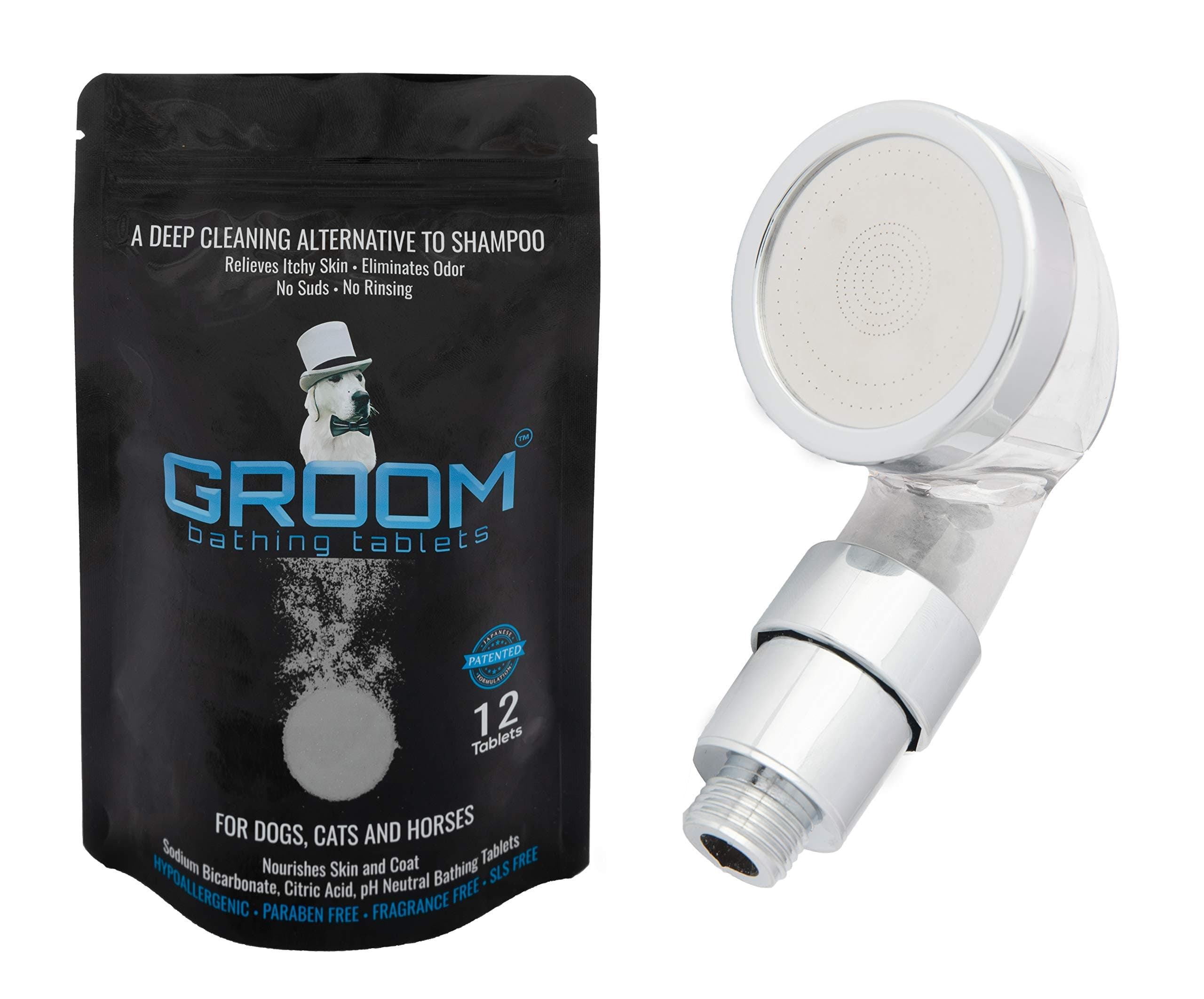 GROOM bathing tablets- Bathe Your Pet in ONLY 5 Minutes! Eliminate Itch & Odor Moisturizing Hypoallergenic Shampoo Conditioner Tearless No Suds, pH Neutral SLS Free. Puppies Dogs Cats Horses 12ct+Shwr