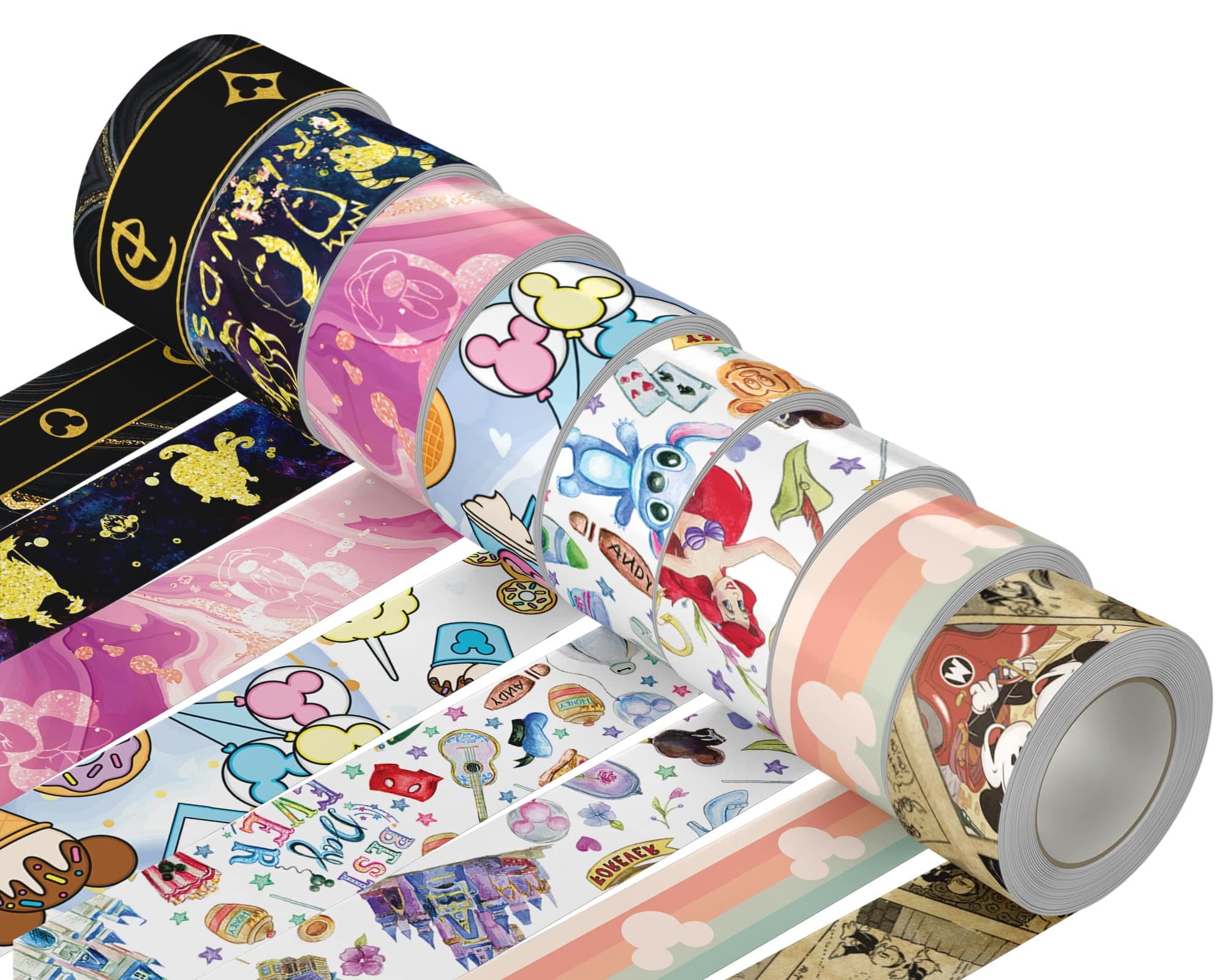 EKOI Magical Theme Washi Tape - 8 Rolls 15 MM Cute Kawaii Gold Print Cartoon Design Decorative Masking Sticky Japanese Duct Tape Stickers for Scrapbook Wrapping Paper Diary Planner Stationary Craft