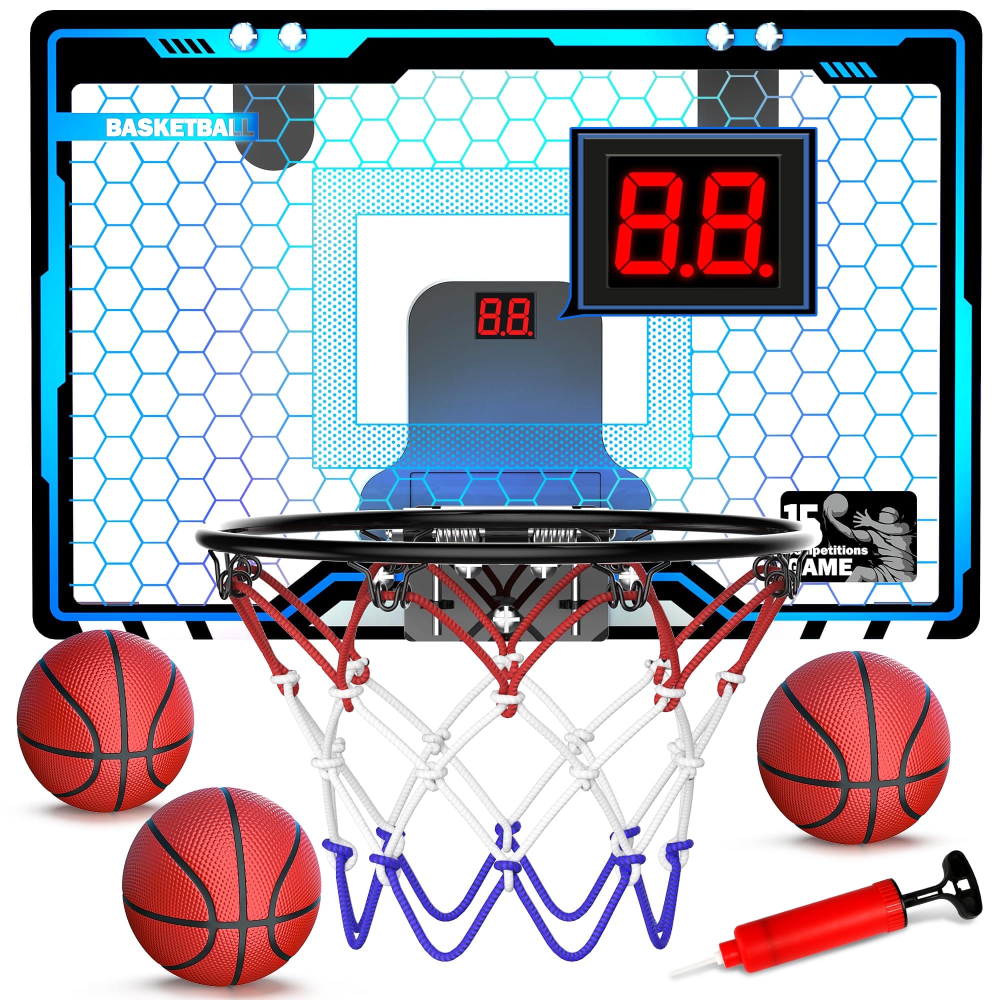 HopeRock Indoor Mini Basketball Hoop for Kids, Basketball Hoops Over The Door with LED Lighting, Mini Hoop with Scoreboard & 3 Balls, Basketball Toys Gifts for 5 6 7 8 9 10 11 12 Year Old Boys Girls