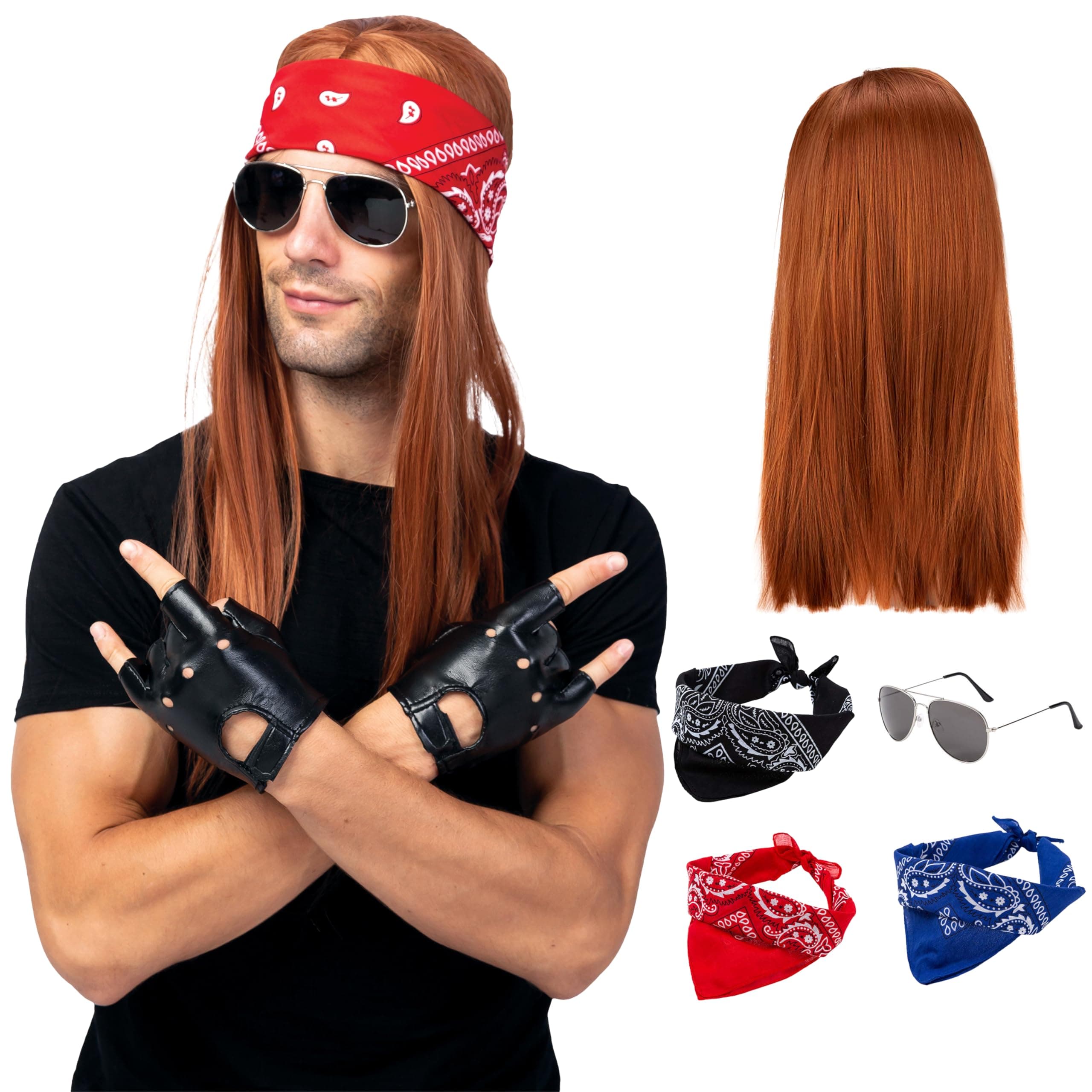 Spooktacular Creations3pcs Rockstar Costumes,90s Role-playing Lead Singer Rockstar Costume,Rock Heavy Metal Costume with Bandanas,Wig,Gloves,Sunglasses for Aldult for Halloween 90s Cosplay Costumes