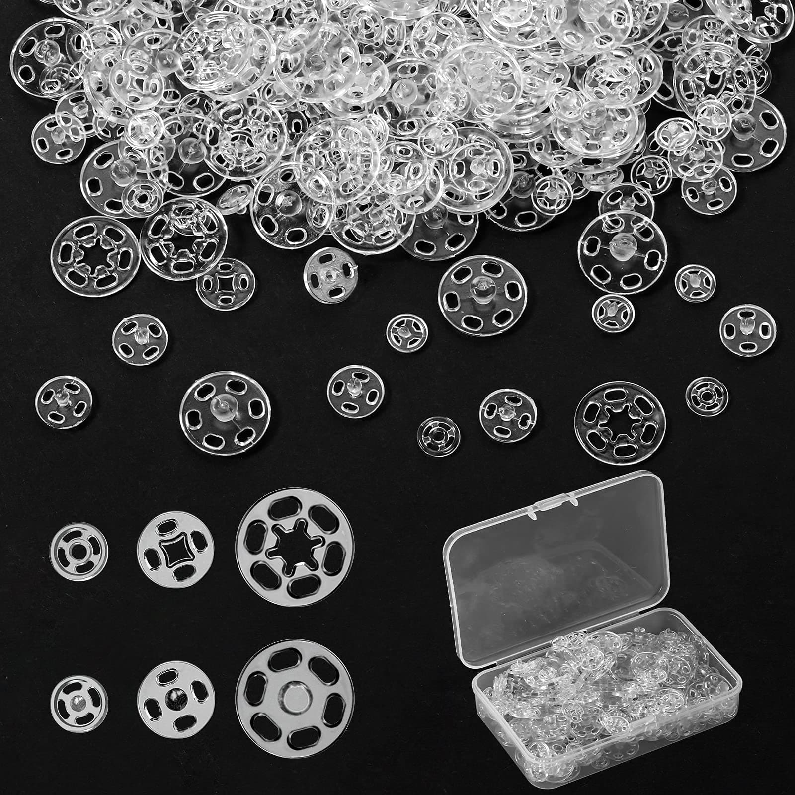 Dilunave Plastic Snaps for Sewing, 150 Sets 3 Sizes Fasteners Buttons Invisible Sewing Snap Buttons Round Clear Press Transparent with Storage Box for DIY Craft(7.5mm 10mm 15mm)