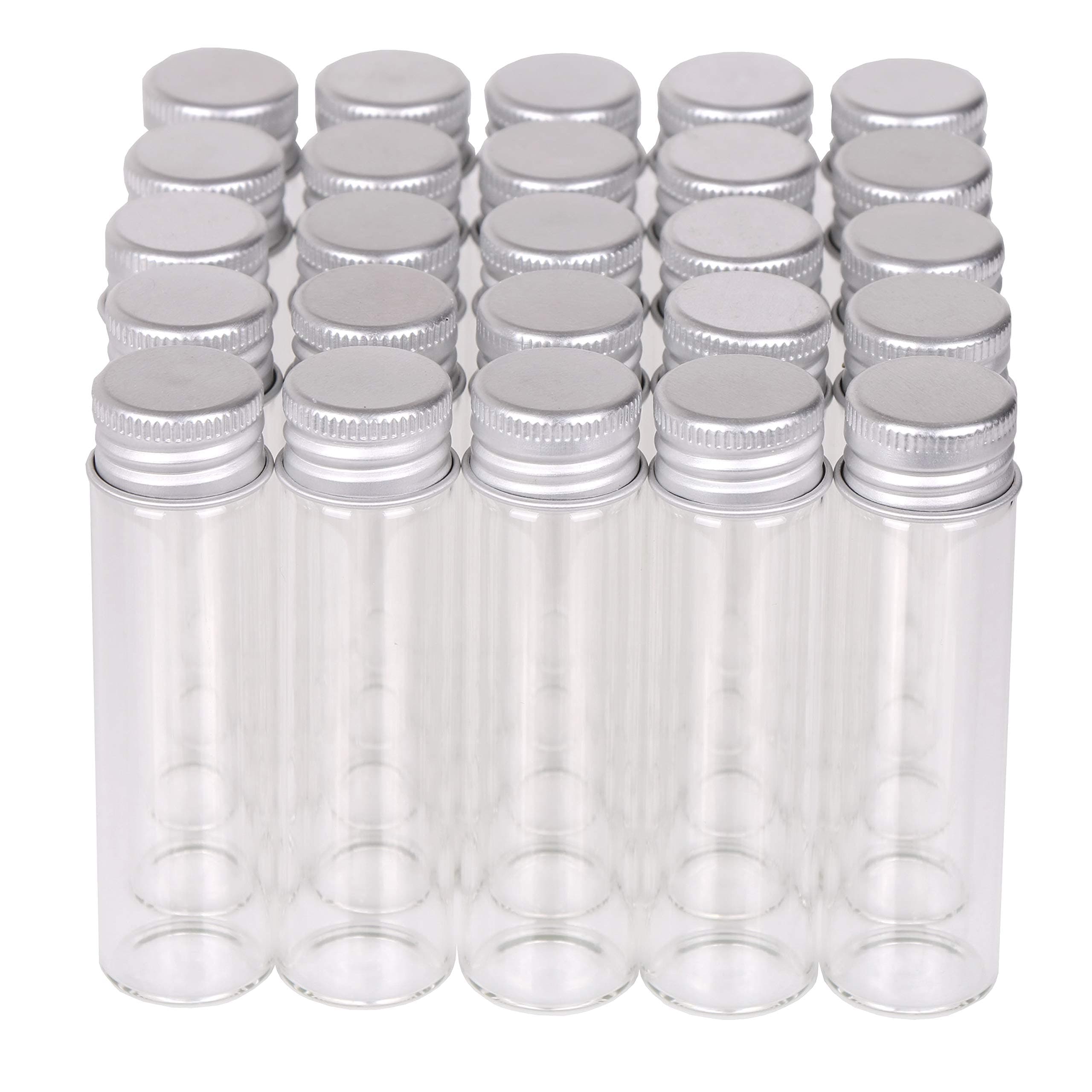 MaxMau Pack of 100, 20ml Small Glass Bottles with Metal Cap Screw Top Lids Tiny Vials Mini Jars Glass Tube for Beads Glitter Seed Samplers Storage