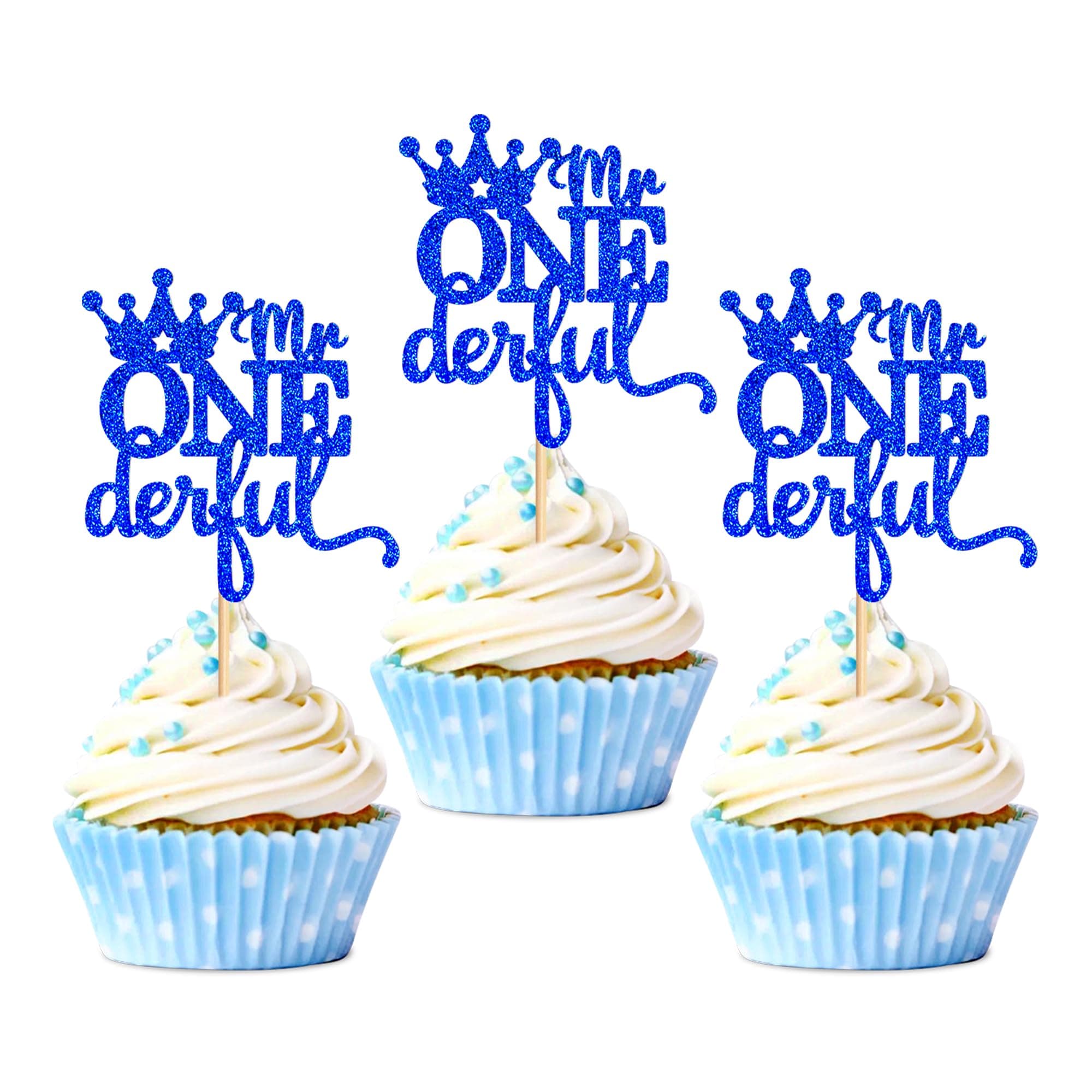 Ercadio 24 Pack Crown Mr Onederful Cupcake Toppers Blue Glitter Crown One Cupcake Picks Prince 1st Birthday Crown Cupcake Decors for Crown Theme Baby Shower Party Decor Supplies