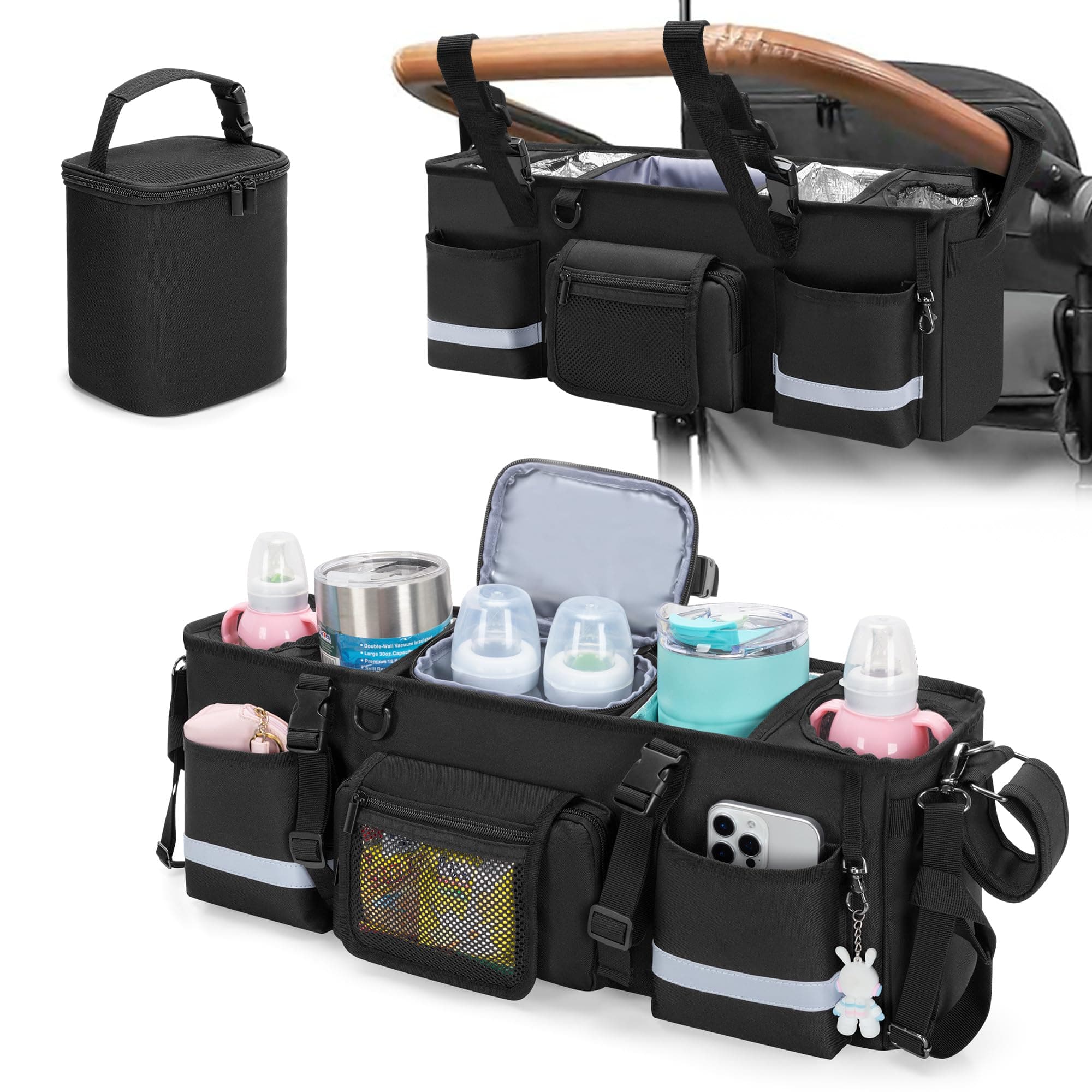 Stroller Organizer Compatible with Wonderfold W4, with Four Insulated Cup Holders, One Removable Cooler Bag, Special Board Design Makes It Not Easy to Fold Up and Close