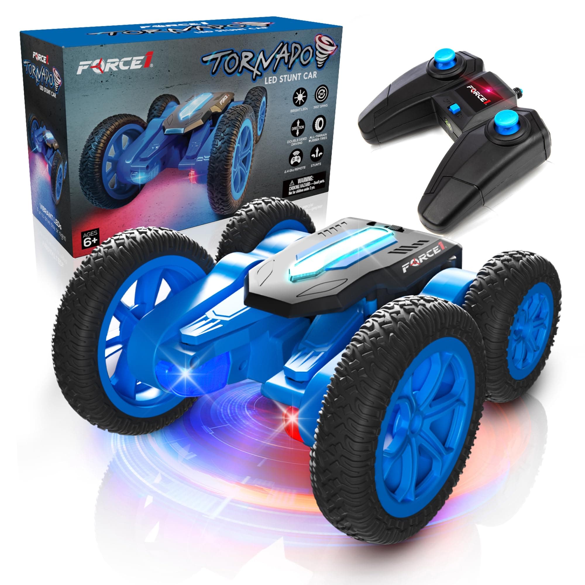 Tornado LED Remote Control Car for Kids- Double Sided Driving Fast RC Cars 360 Flips, Outdoor 4WD Off Road Stunt Car, All Terrain Tires, RC Crawler Rechargeable Battery and Easy Kids Car Remote