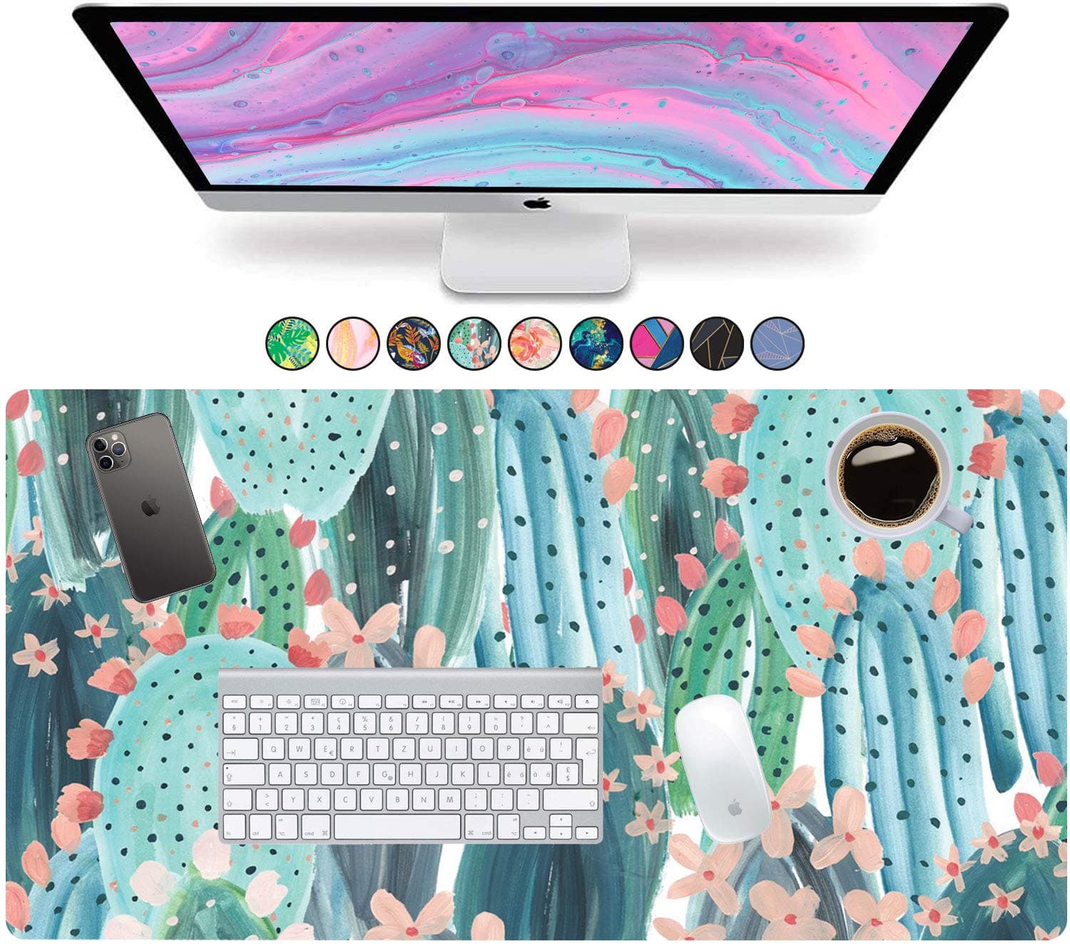 French Koko Large Mouse Pad Long Desk Mat Keyboard Pad Desktop Accessories Home School College Decor Supplies Pretty Extended Mousepad Big Office Essentials Women Girls XL Plant Pink Green Cute Cactus