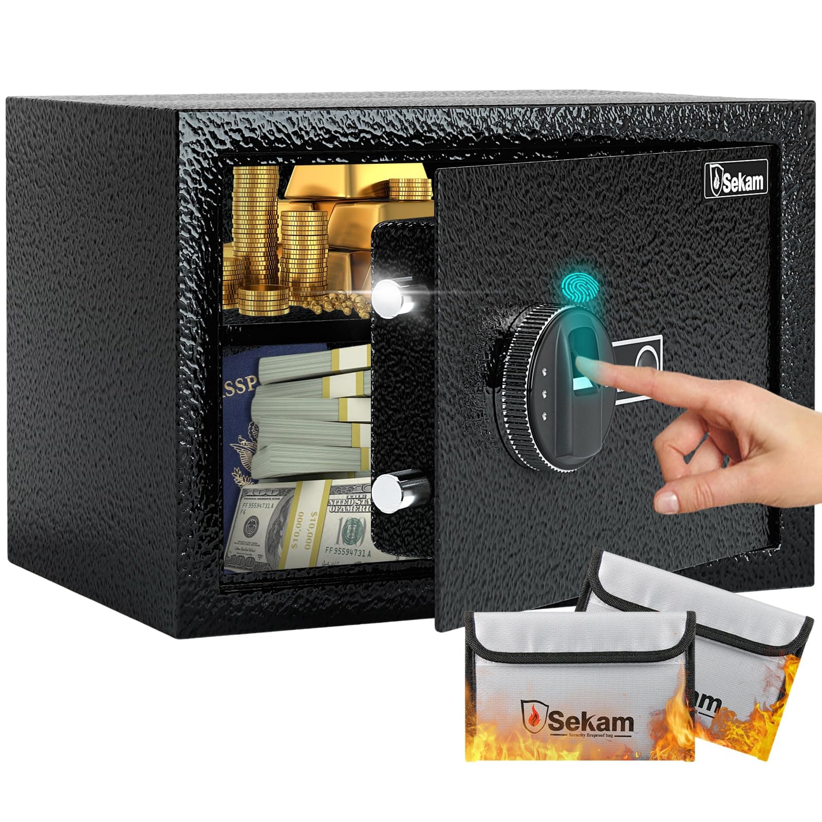 SEKAM Biometric Fingerprint Safe Box, Security Safe with Fingerprint Access, Personal Safe with Electronic Lock, Safe Box Waterproof Fireproof, Home Safe for Cash Jewelry Important Documents Guns