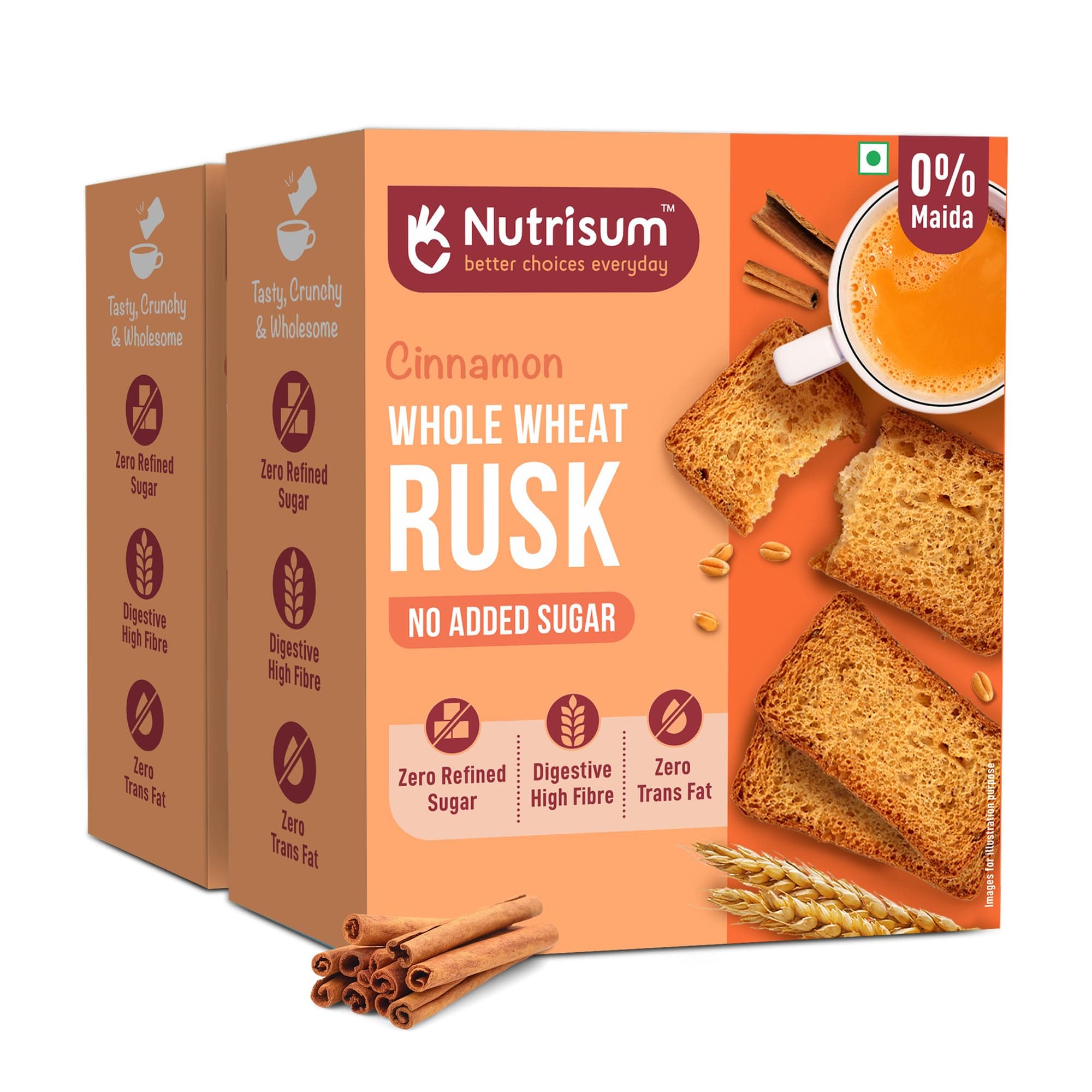 Premium Whole Wheat Rusk Cinnamon Flavour, High Fiber, Refined Sugar Free, Tea Toasts 180 gms (Pack of 2)