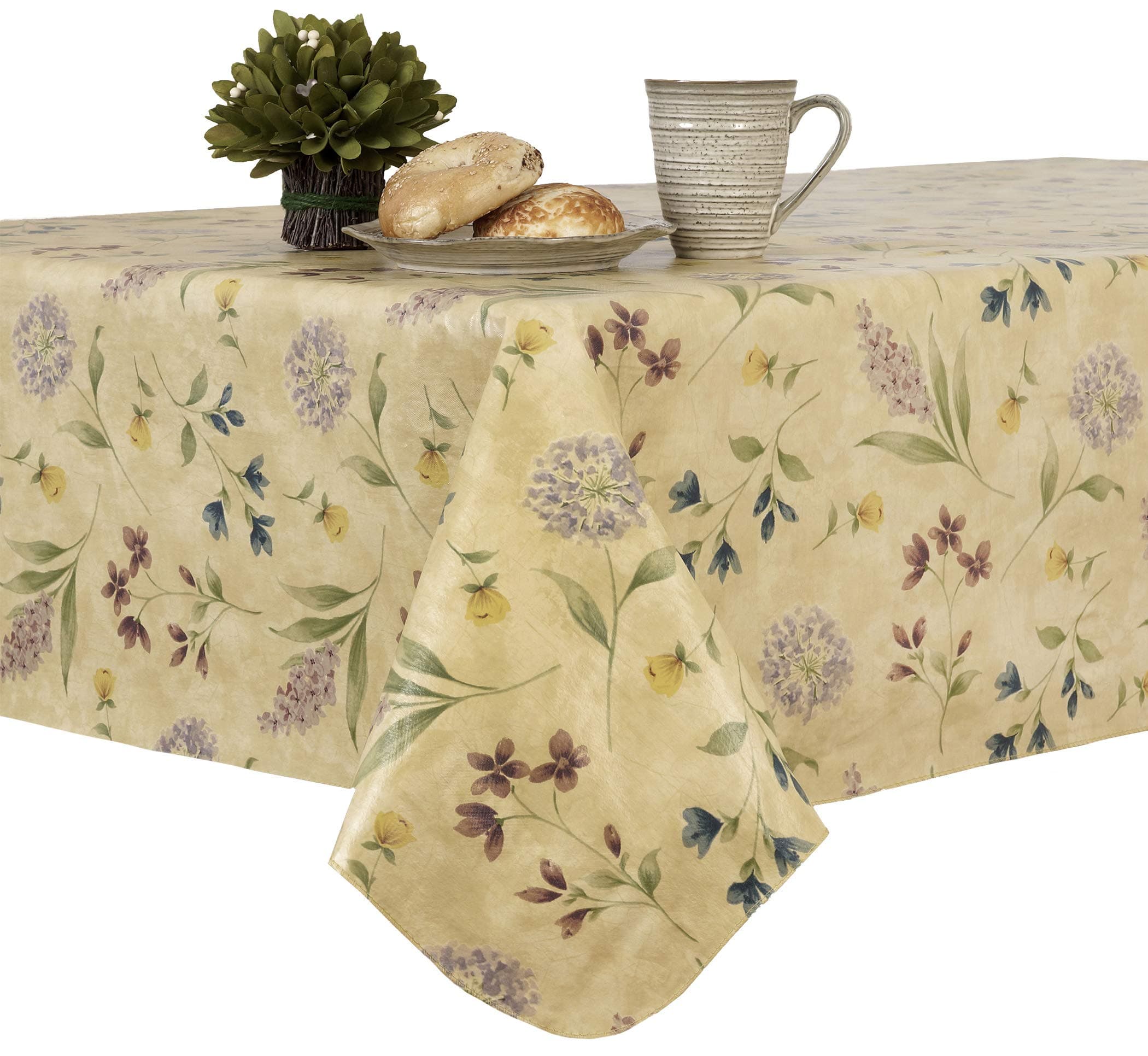 Botanical Toss Wildflower Floral Print Stain Resistant and Spill Proof with Flannel Backing Vinyl Tablecloth for Spring/Summer/Party/Picnic, 60"x84" Oval