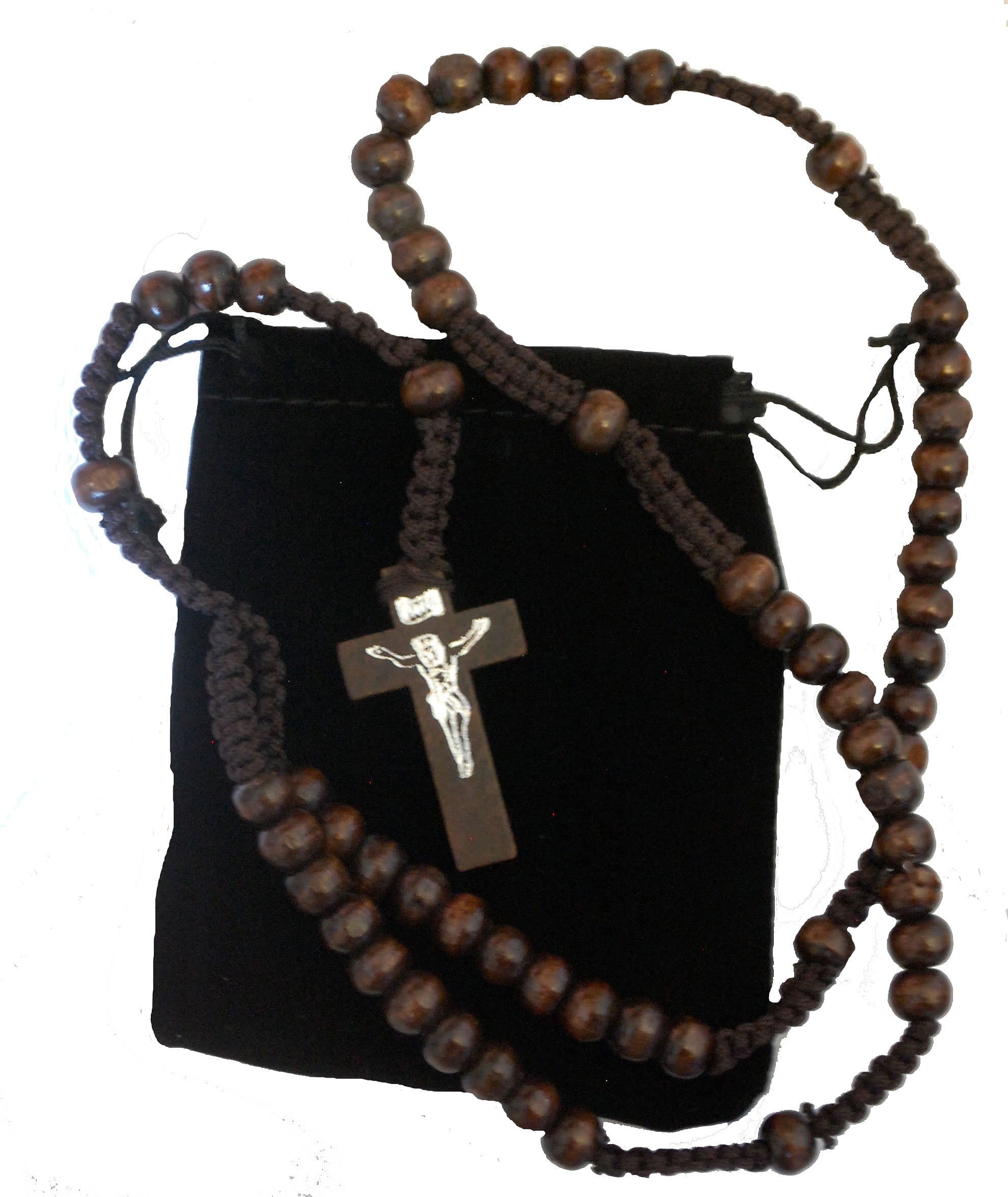 Men Women Brown Wood Corded Rosary Beads Catholic Necklace Cross & Free Velvet Gift Pouch Unisex Suitable for New Drivers Car Rosary Good Luck Confirmation Communion Christmas Lent Easter Birthdays