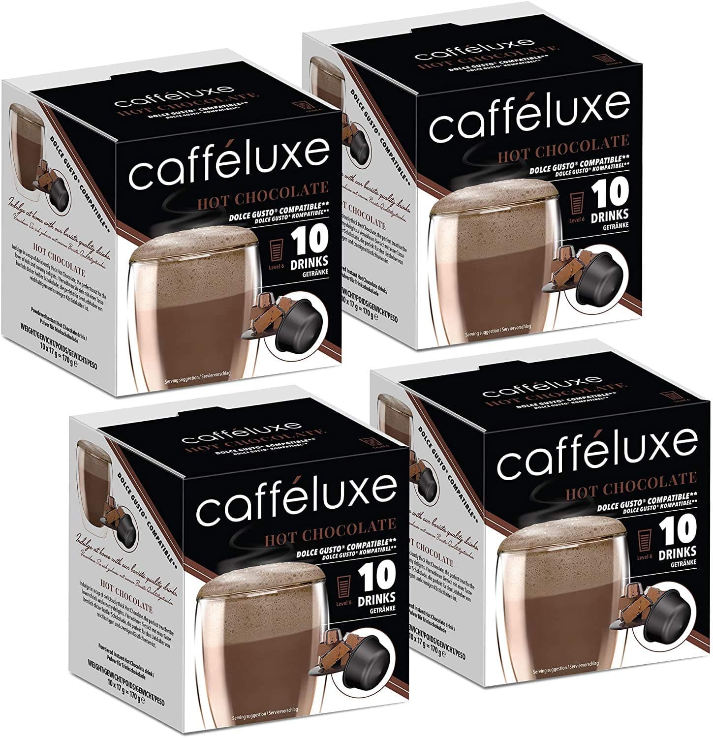 Caffeluxe | 40 Coffee Pods| Dolce Gusto Compatible Capsules | Smooth Milk hot chocolate capsules| 40 servings