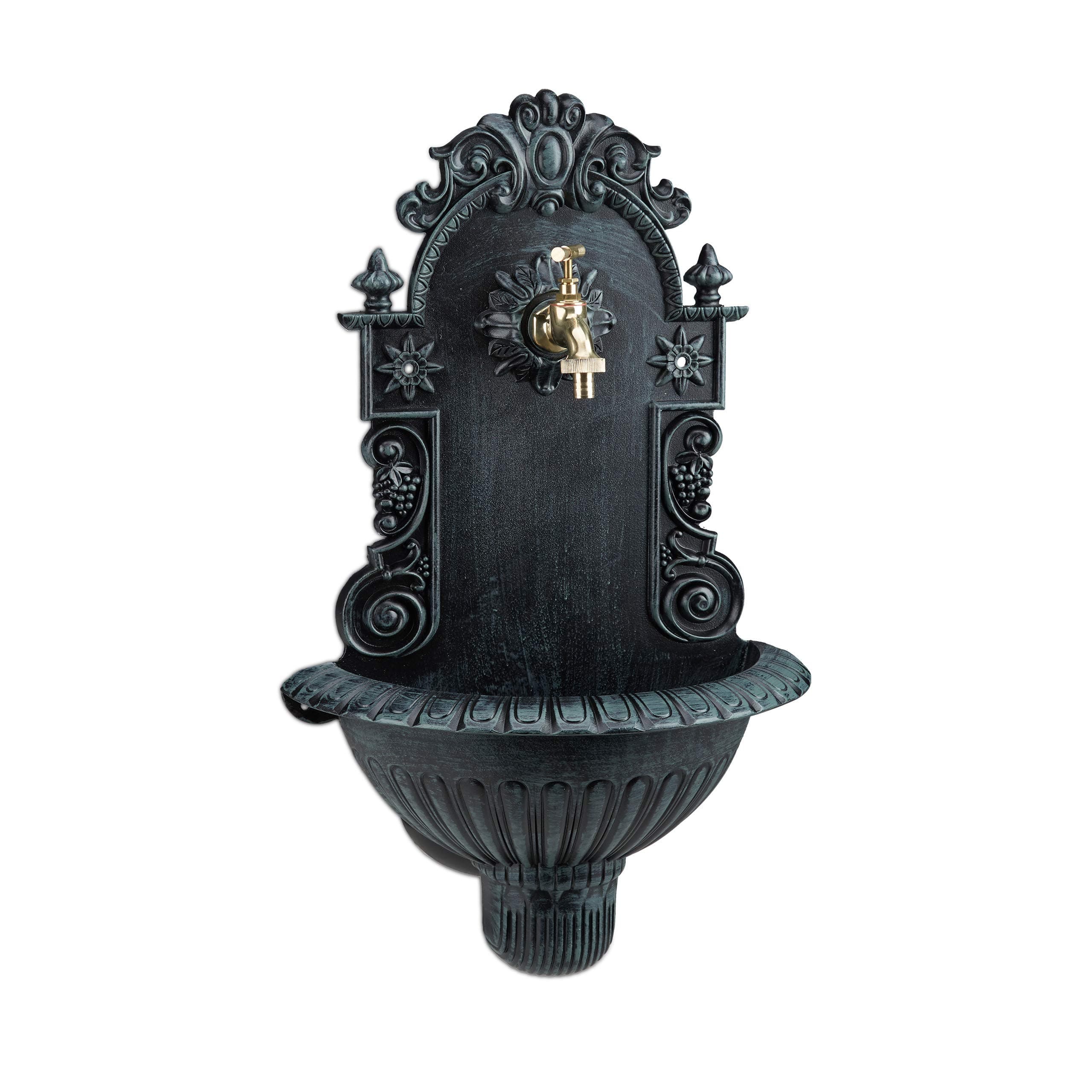 Relaxdays Wall Water Fountain, Antique-Style, Nostalgia, Garden, Patio, Faucet, Hanging Basin, HxWxD: 62 x 38 x 20 cm, Green