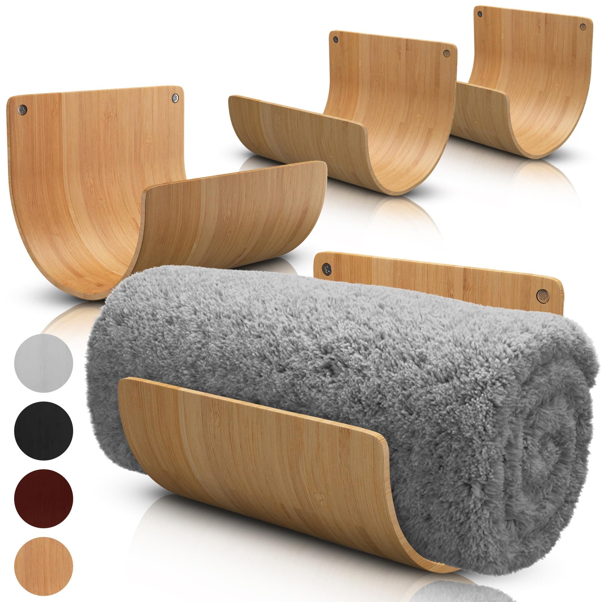 Set of 4 Towel Holder for Bathroom Wall, Modern Bamboo Wall Towel Rack for Rolled Towels, Sturdy Space-Saving Hanging Wood Towel Rack, Effective and Versatile for Spa, Guest Bath, Blanket