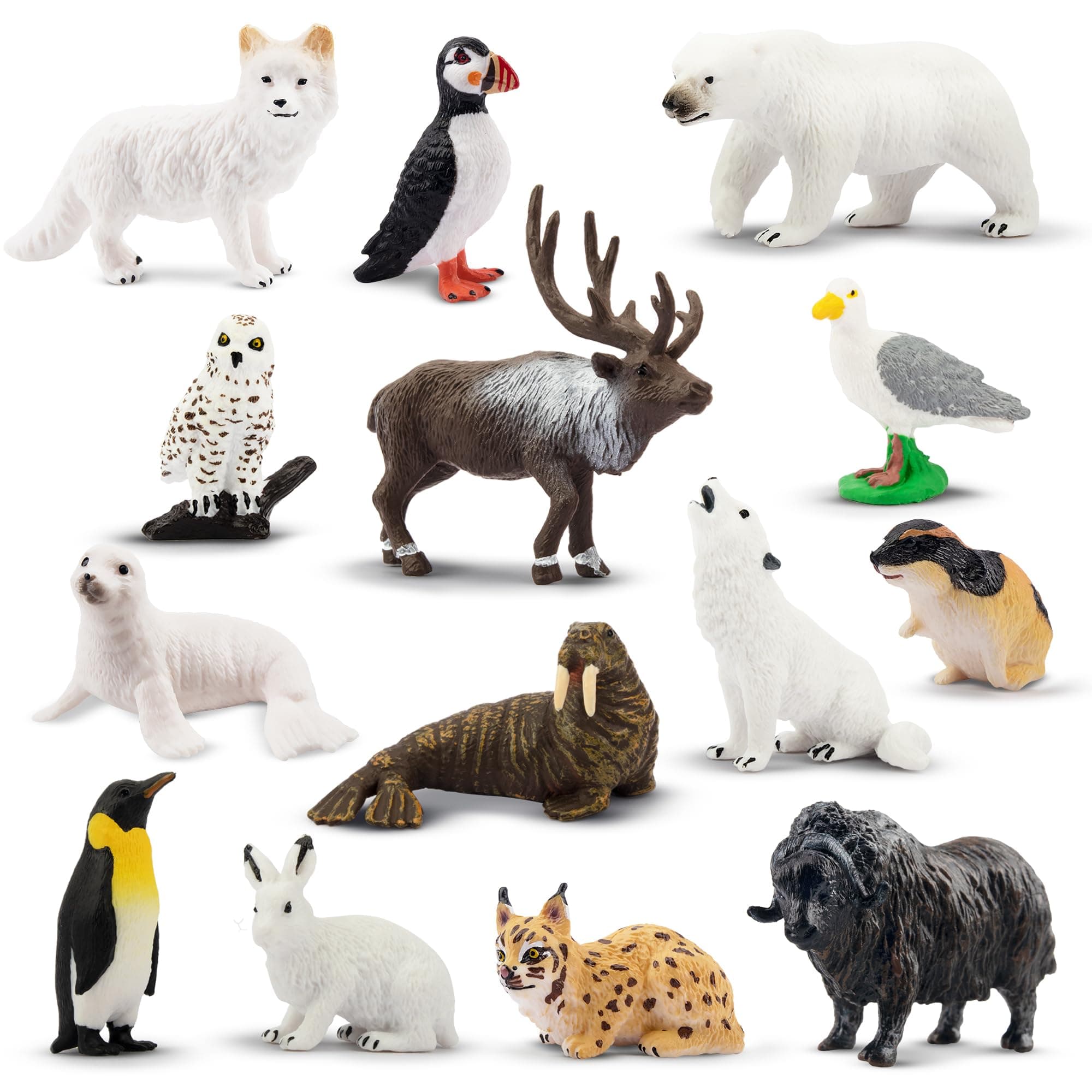 Toymany 14PCS Mini Arctic Animals Figurines Set, Polar Animals Toys with Polar Bear, Caribou, Penguin, Walrus, Wolf Figurines Cake Toppers Birthday Easter Gifts for Preschool Kids