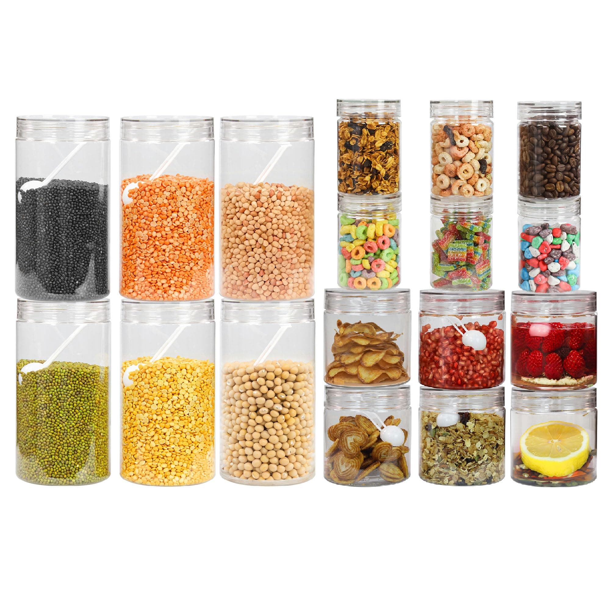 Plastic Tiffany Container Set for Kitchen Storage Set with Spoons, Pack Of 18 Pcs 300 Ml, 500 Ml, 1400 Ml Suitable For Rack, Spices, Fridge-Transparent