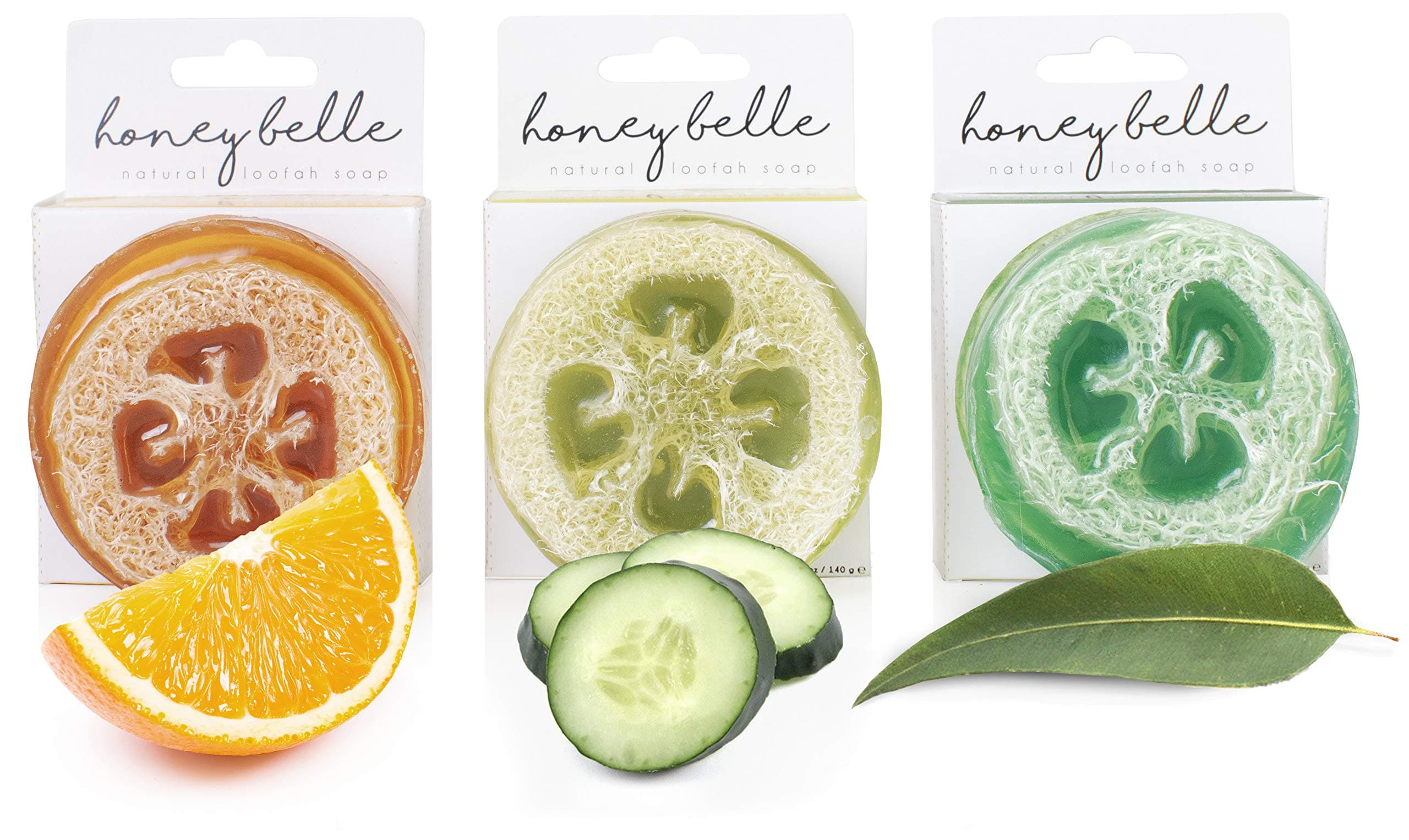 Honey Belle Natural Loofah Soap Bar | Exfoliating Soap with Loofah Inside | Eco-Friendly, Natural Soap with Loofah Built In | Citrus, Green Tea & Cucumber, Eucalyptus & Peppermint (Refresh 3-Pack)