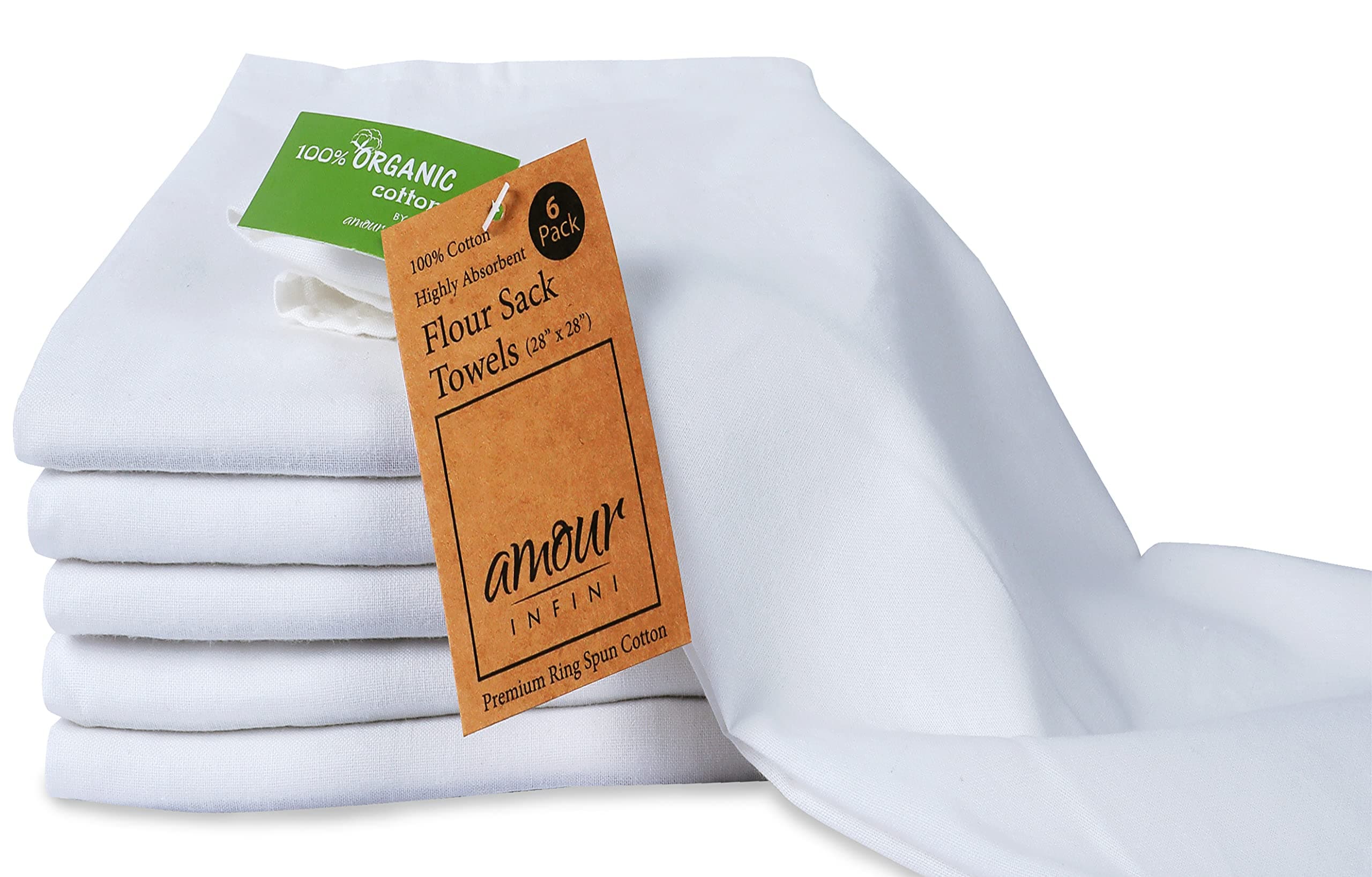 Amour Infini Flour Sack Dish Towels, Set of 6(28 x 28 Inches), Cotton, White, Multi-use Kitchen Towels