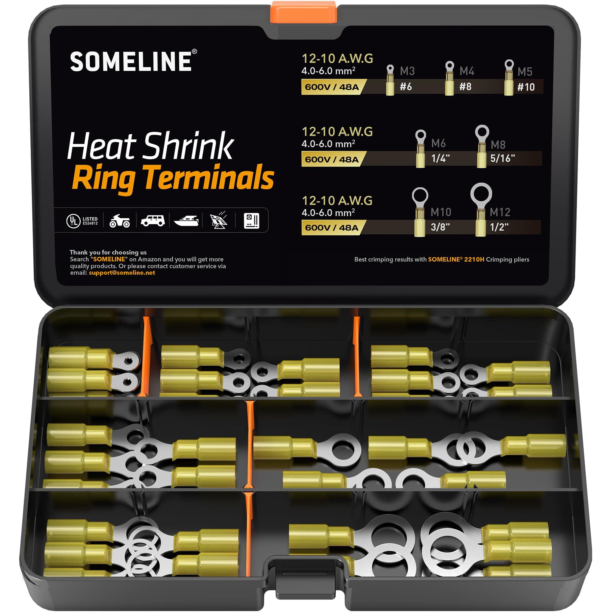 SOMELINE® Marine Grade Heat Shrink Ring Connectors - Heat Shrink Ring Terminals #4, #8, #10, 1/4", 5/16", 3/8", 1/2" - Heat Shrink Wire Connectors Tinned Red Copper - Yellow 12-10 AWG - UL Listed