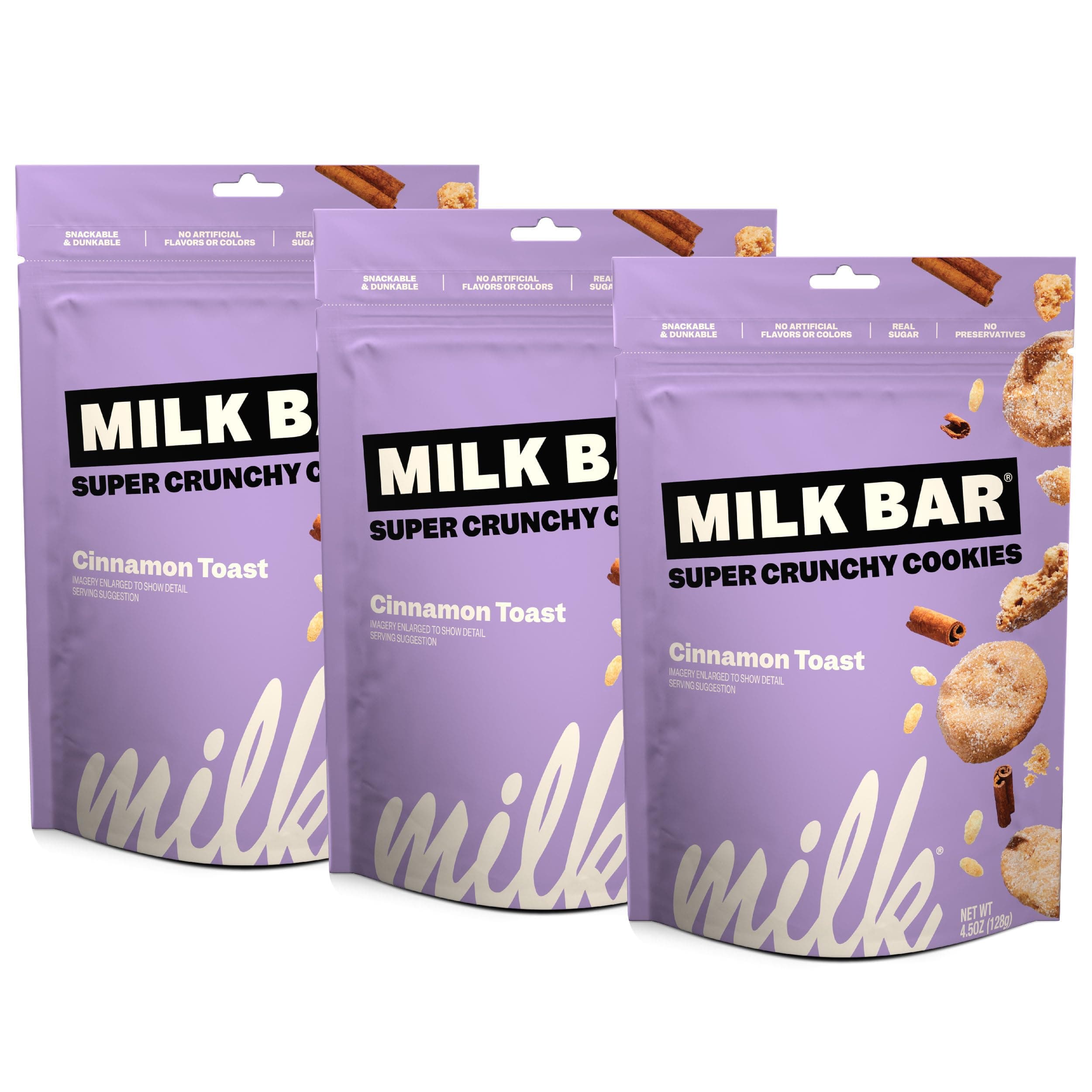 Milk BarSuper Crunchy Cookies | Crunchy Bite Sized Cookies With No Artificial Flavors or Preservatives | Pack of 3, 4.5oz Bags (Cinnamon Toast)