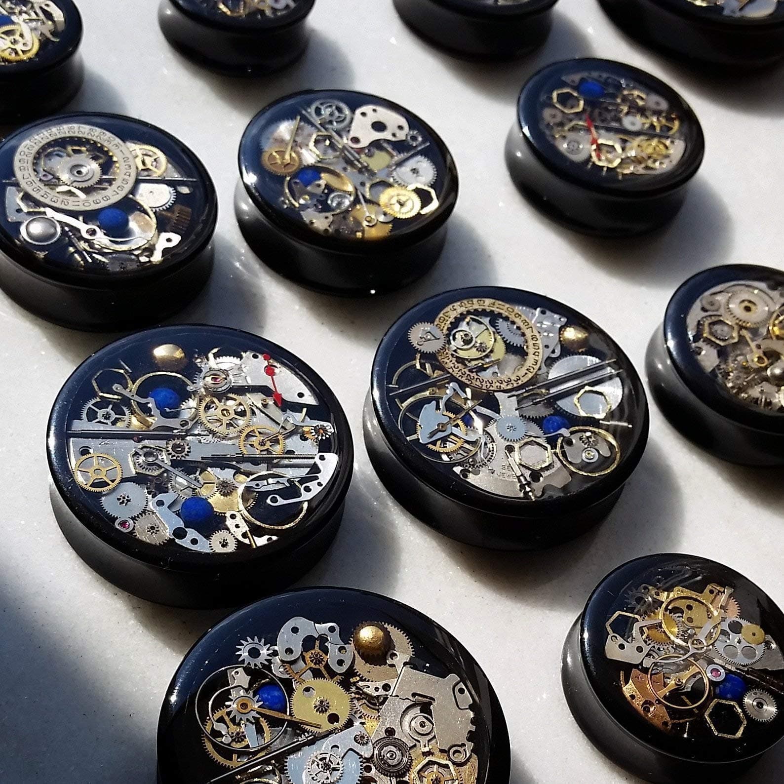 STEAMPUNK Style"Time Travellers" Black Double Flare Cog Tunnels/Plugs **Sizes 18mm / 22mm / 26mm / 28mm