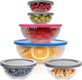 Glass Mixing Bowls - Nesting Bowls - Space-Saving Glass Bowls with Lids Food Storage - Set of 5 Stackable Microwave Glass Containers (Set of 6 Mixing Bowls)