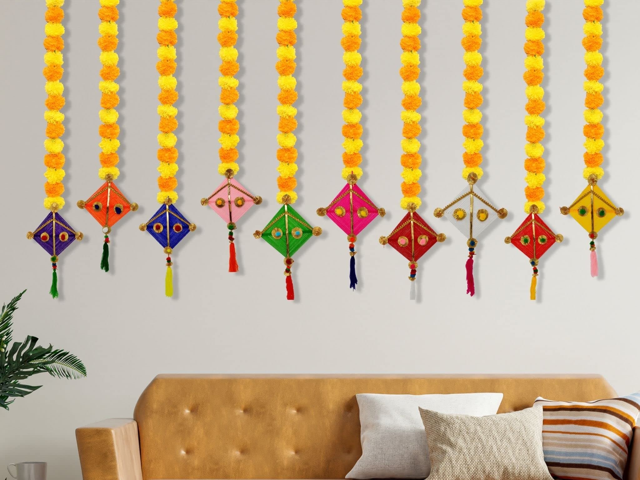 JH Gallery Handmade Artificial Marigold Fluffy Flowers with Colorful Woolen Kite Hanging, Perfect for Festive Decor (42 Inches Height Approx.) (Pack of 10)