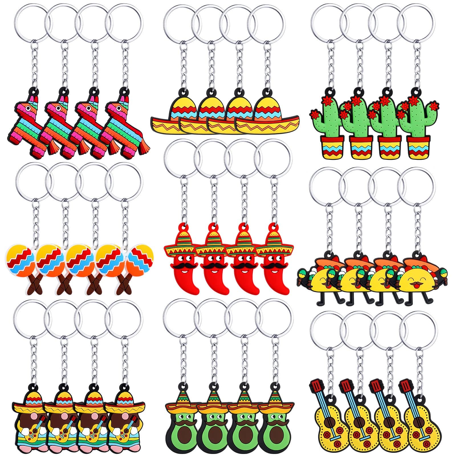 36 Pieces Mexican Party Favors Keychain Cactus Sombrero Key Chain Cinco De Mayo Keychain Mexican Donkey Maraca Sombrero Chains Taco Guitar Key Rings for Fiesta Party