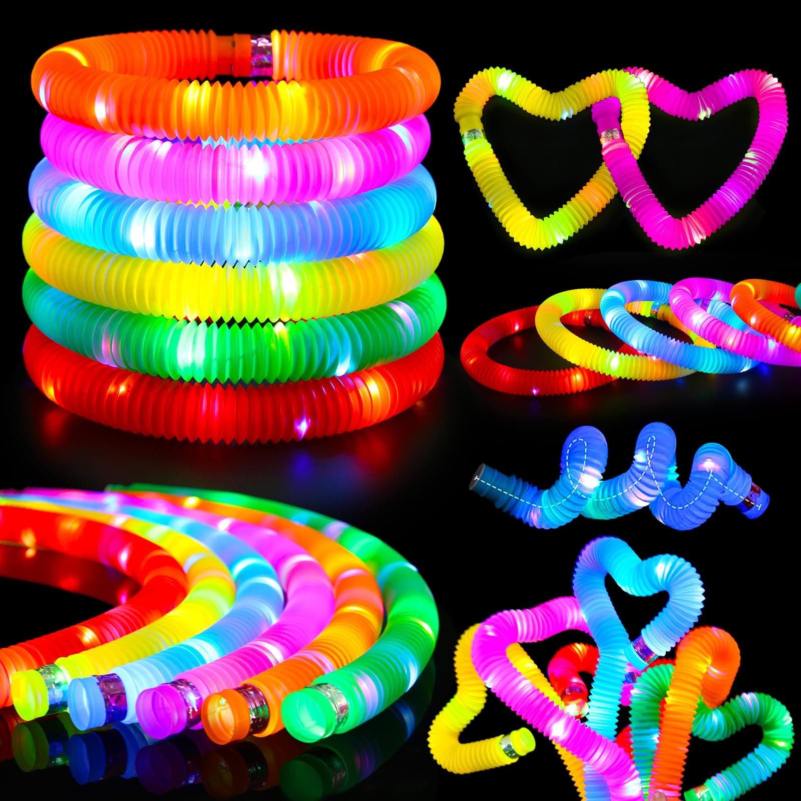 24 Pcs Glow Sticks Toys for Kids, LED Light Up Pop Tubes/Bracelet Party Favors for Kids,Glow in The Dark Party Supplies, Birthday Gifts Xmas Stocking Goodie Bags Stuffers Boys Girls