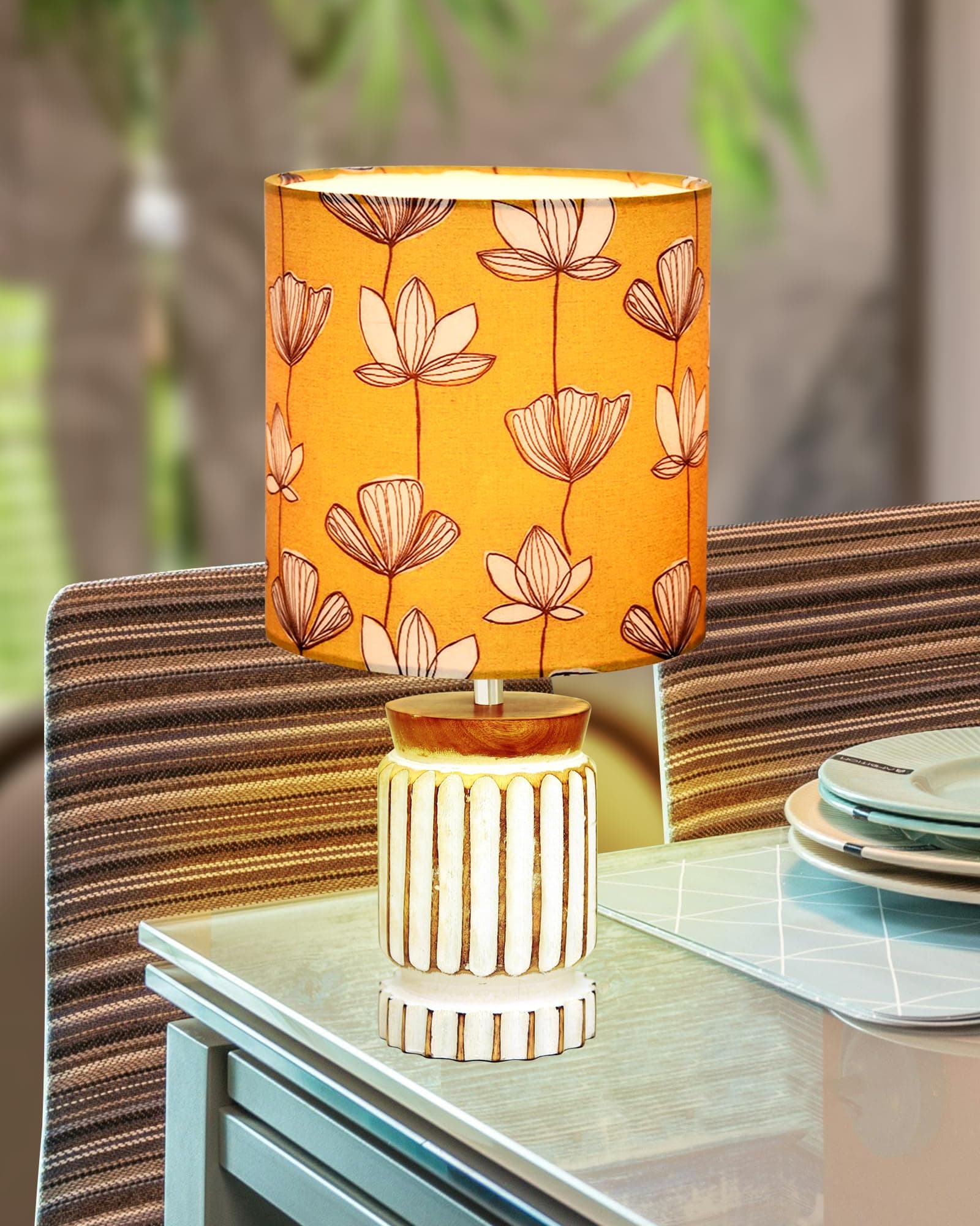 HomesakeRetro Farmhouse Table Lamp for Living Room Bedroom Rustic Linen Bedside Nightstand Lamps for Kids Room Study Office Wood, Carved Cylinder, (Hibiscus)