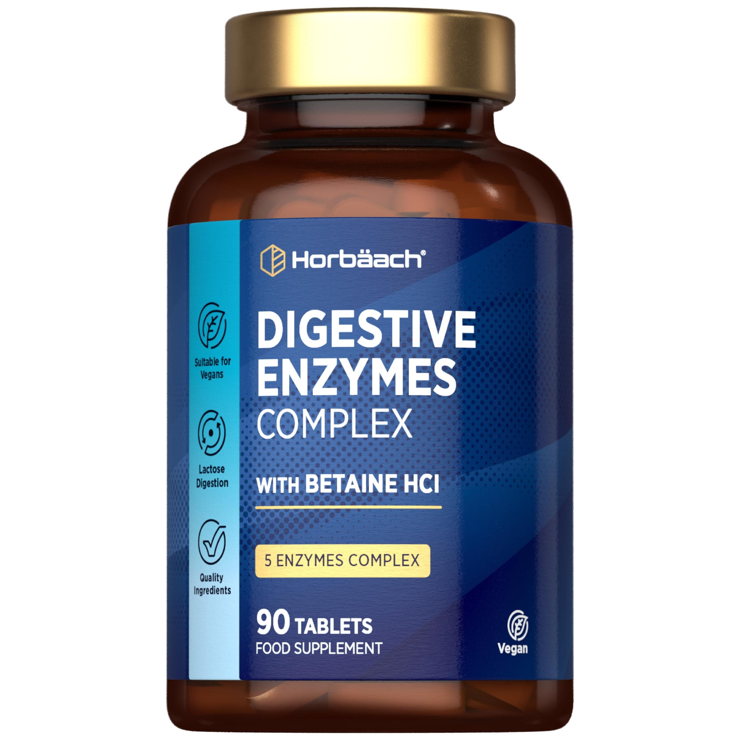 Horbäach Digestive Enzymes Supplements with Betaine Hydrochloride | Complex Providing Amylase, Lactase & Lipase | 90 Vegan Tablets | High Strength | by