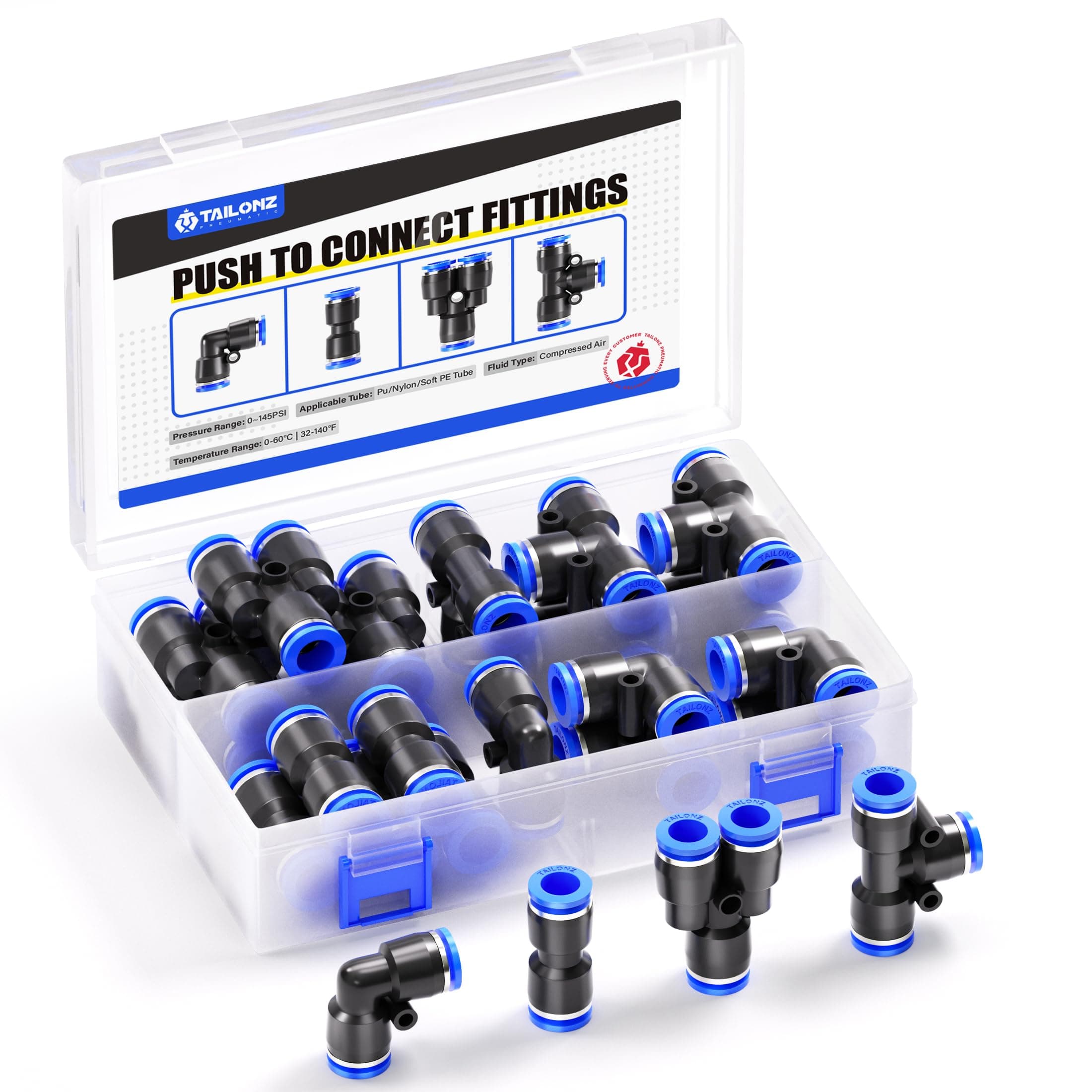 TAILONZ PNEUMATIC 12mm od Push to Connect Fittings Pneumatic Fittings Kit 5 Spliters+5 Elbows+5 tee+5 Straight (20 pcs)