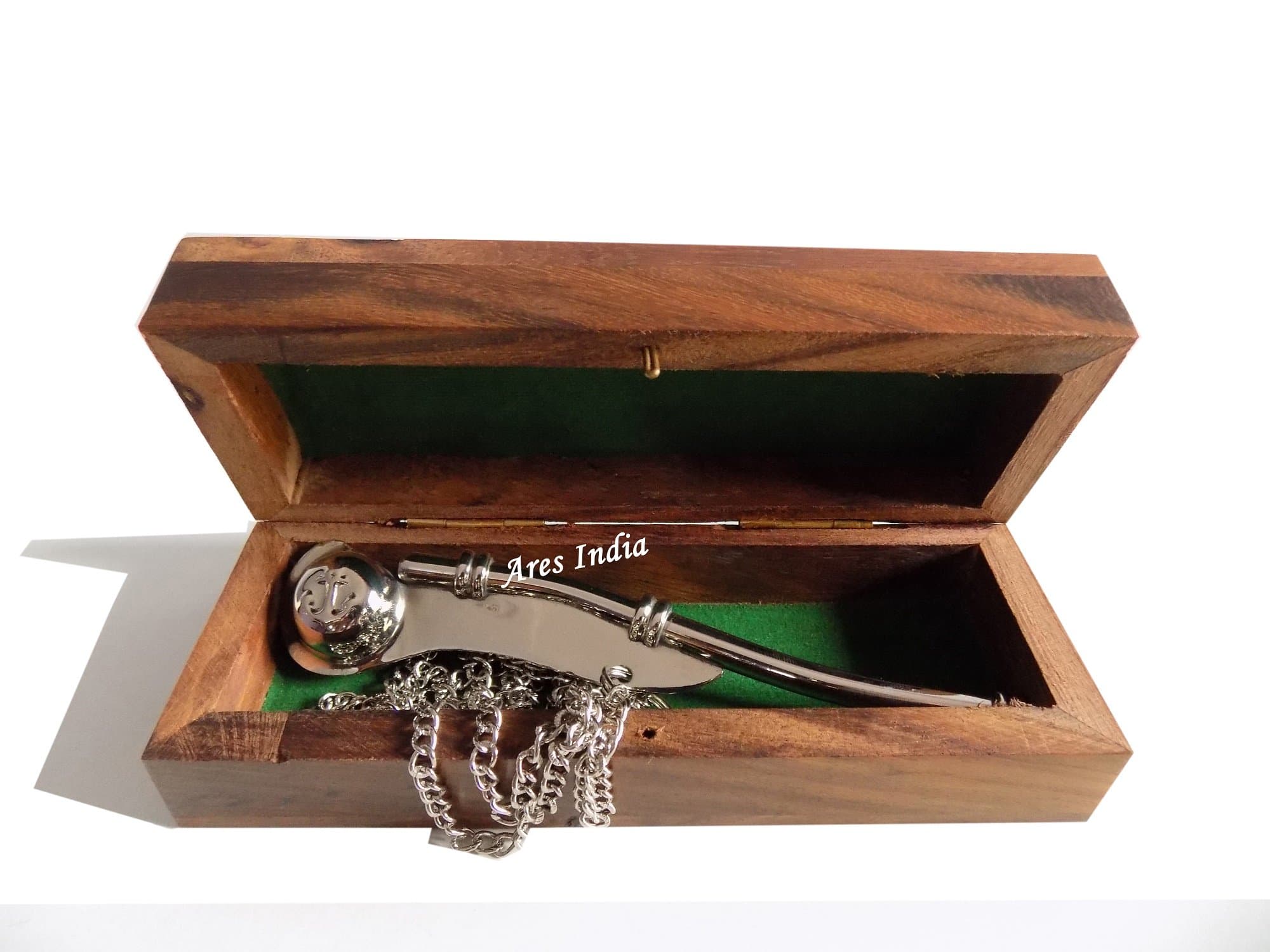 5" Brass Boatswain Whistle with Chain Wooden Box Bosun Call Pipe Maritime Nautical