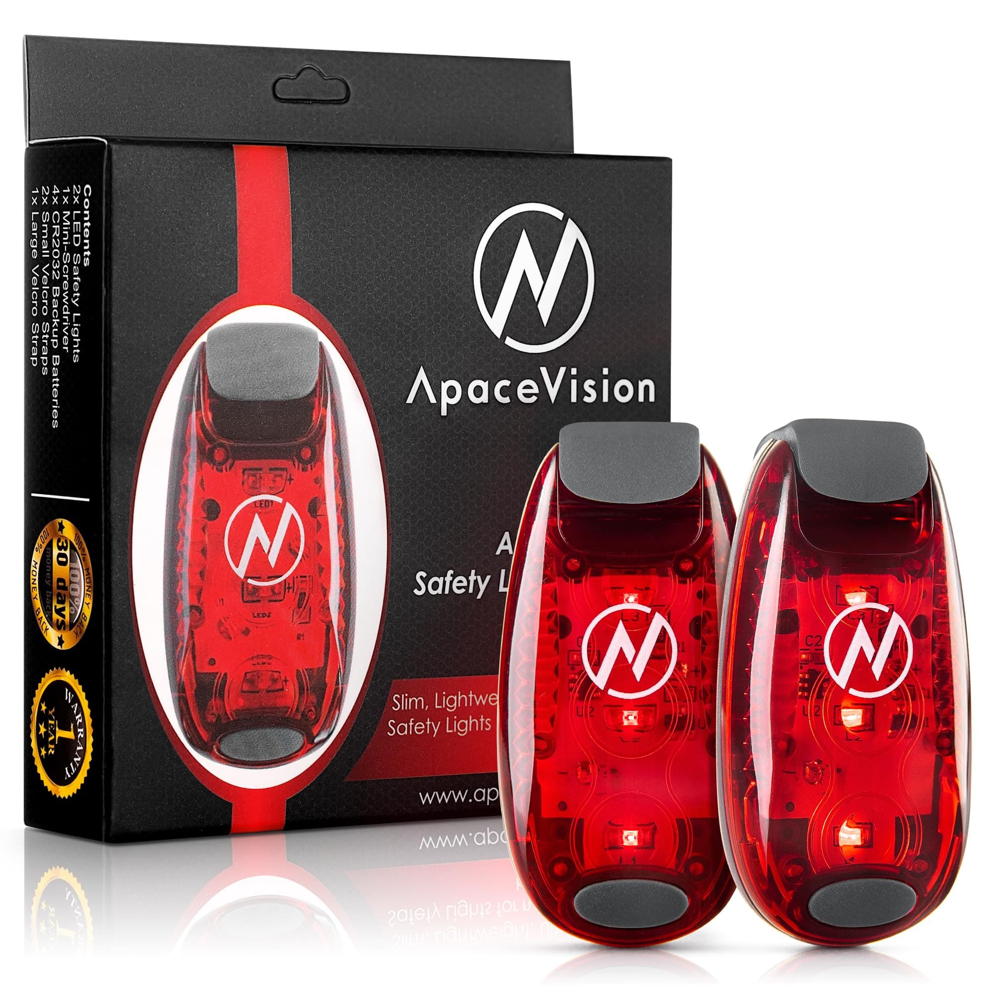 Apace Vision LED Safety Light (2 Pack) with Bonus Items – Clip On Strobe/Running Lights for Runners, Dogs, Bikes, Walking and More