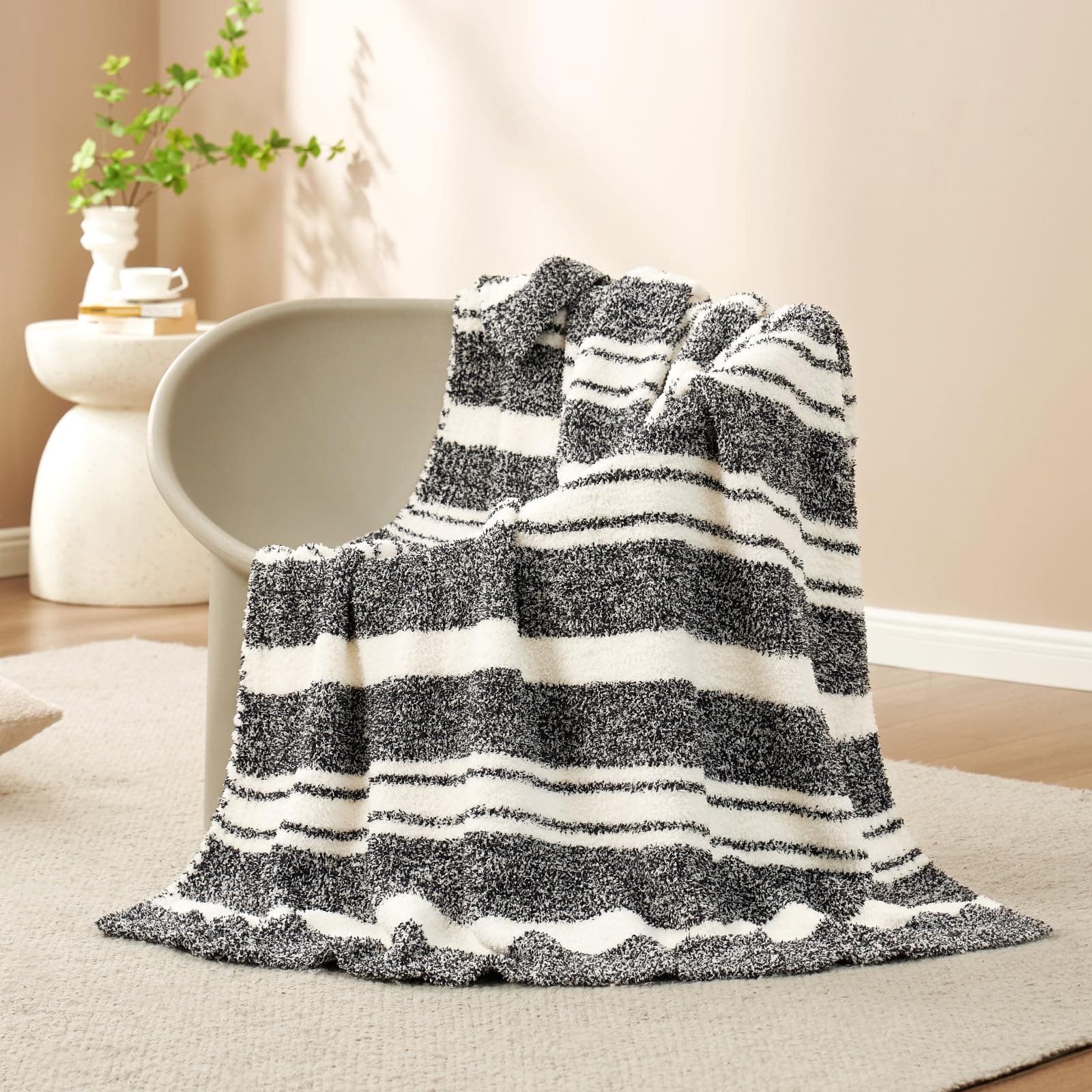 Snuggle SacStripe Black Throw Blanket for Couch, Reversible Super Soft Warm Blankets Cozy Knit Fuzzy Plush Lightweight Throws for Sofa, Bed, Stripe Black, 50x60 inches