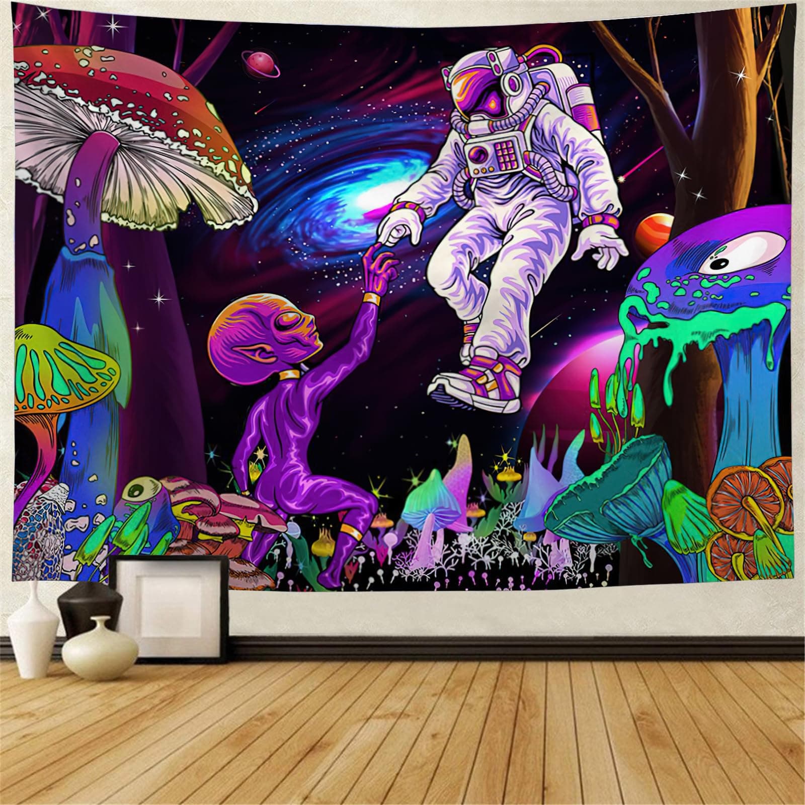 FENDROM Blacklight Astronaut Space Tapestry,Alien Mushroom Galaxy Universe Planet Glow in Dark Wall Hanging for Men, Boys and Teens Cool Poster Room Decor