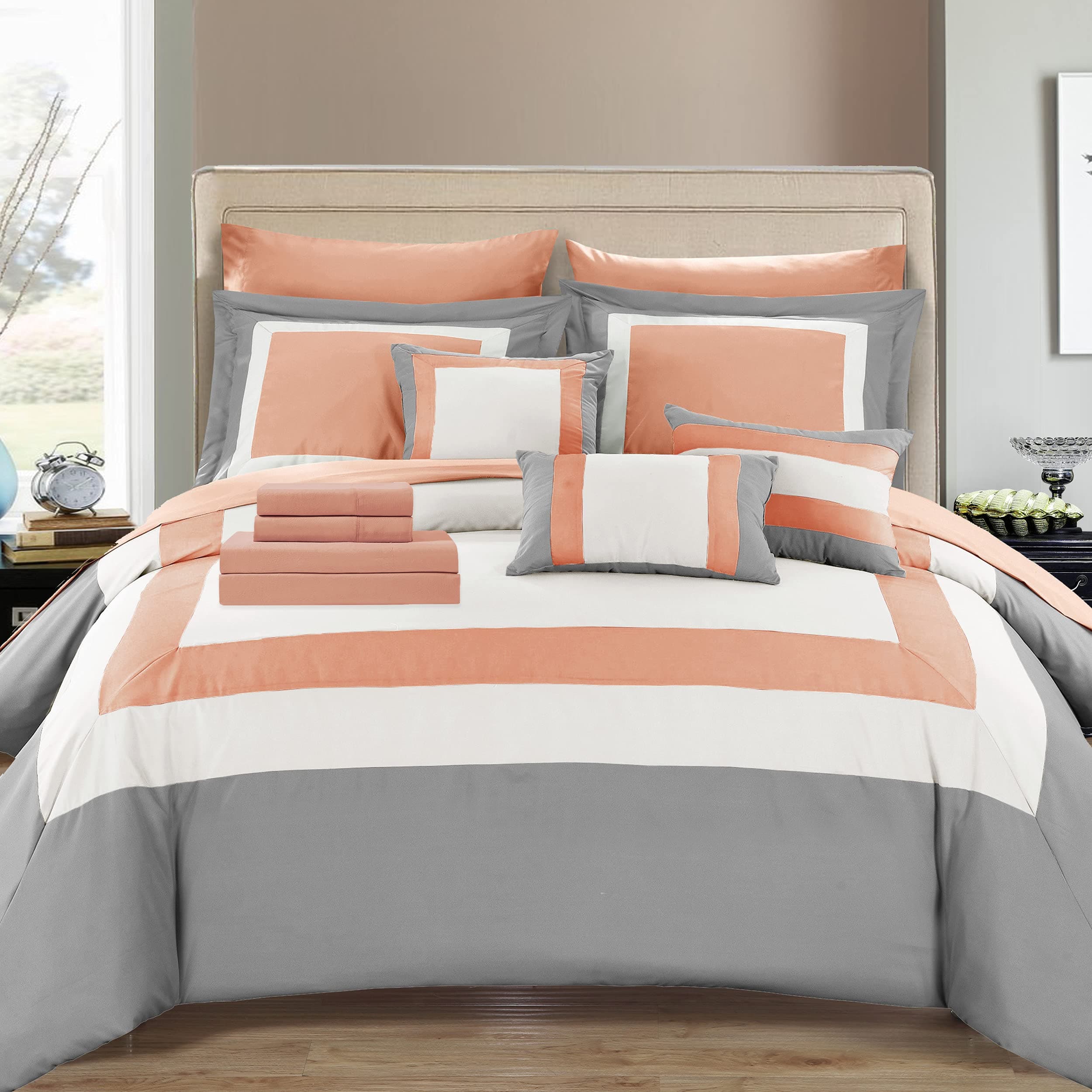 Chic Home Duke Queen Comforter Set 10-Piece, Colorblocked Queen Size Comforter Set with 2 Shams, 3 Pillows and Bedding Sets Queen (Peach)