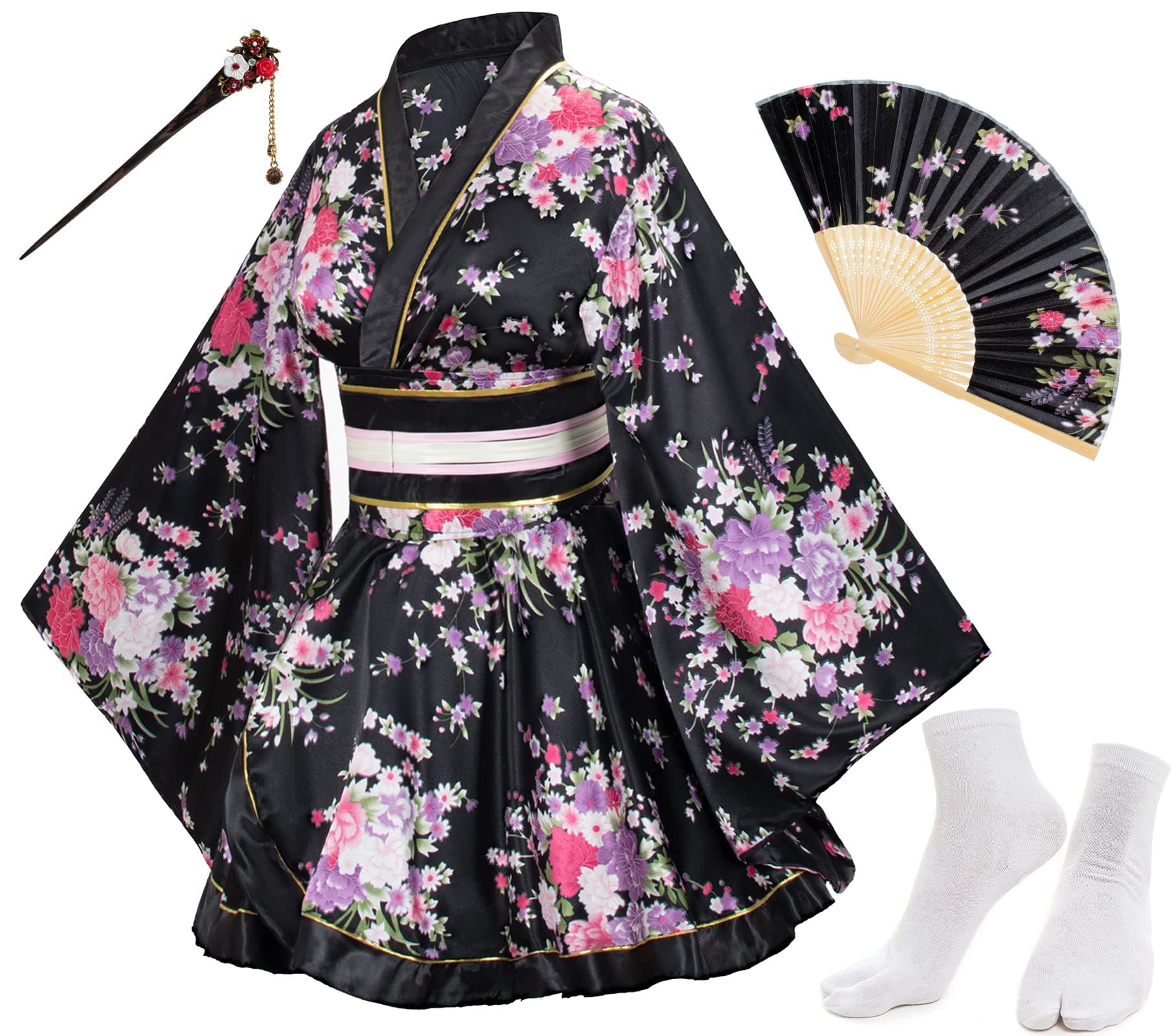 Japanese Anime Women's Dance Kimono Robe Fancy Dress Hand Held Silk Folding Fans Tabi Hairstick Socks Set