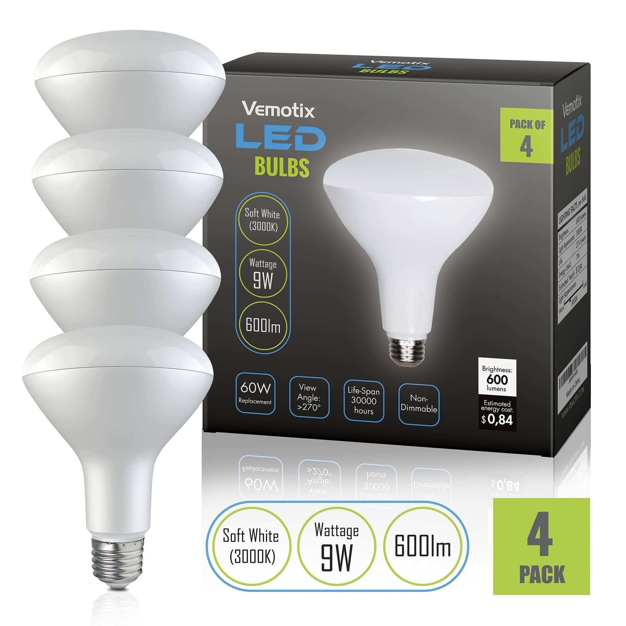 Best LED Bulb Pack of 4 by Vemotix! - 9W equivalent 75W light (3000K) / 600lm - View Angle > 270o- 30.000 Hours Extra Long Lifespan - Very Economic - 100% Satisfaction Guarantee