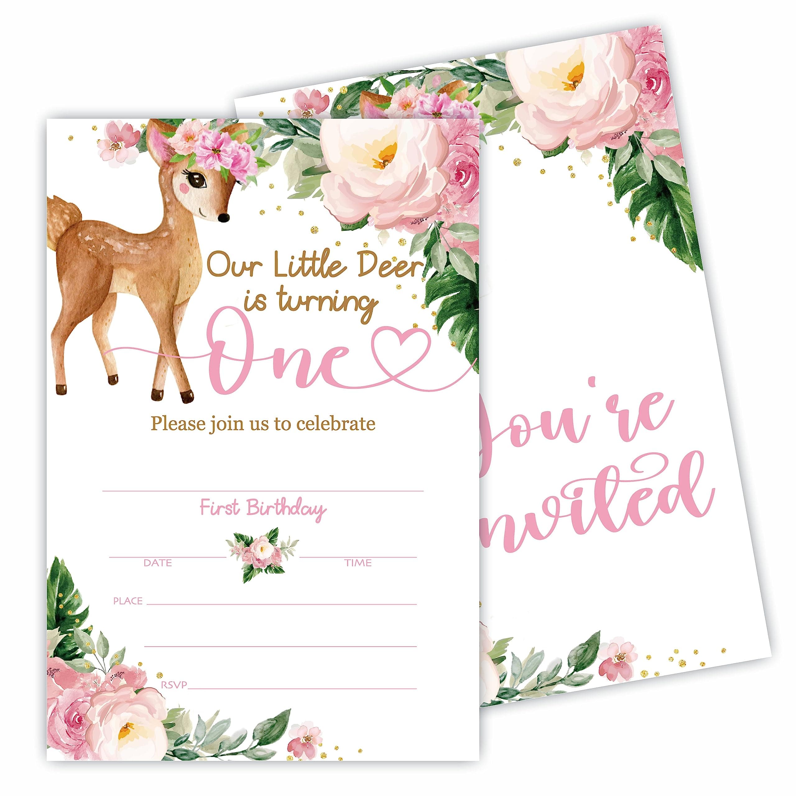 1st Birthday Invitations - Our Little Deer Is Turning One - 20 Invitation Cards With Envelopes, Double-Sided Invites For Boy & Girls, Teens, Birthday Party Favor, Decorations & Supplies - 10