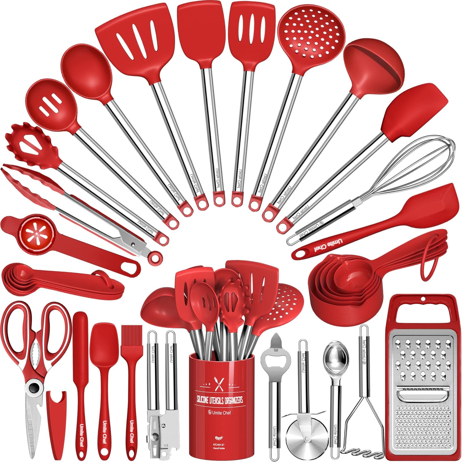 Umite Chef Kitchen Utensils Set- 34 PCs Cooking Utensils with Grater, Spoon Spatula, Heat Resistant Food Grade Silicone, Stainless Steel Handles Kitchen Gadgets Tools Set for Nonstick Cookware(Red)