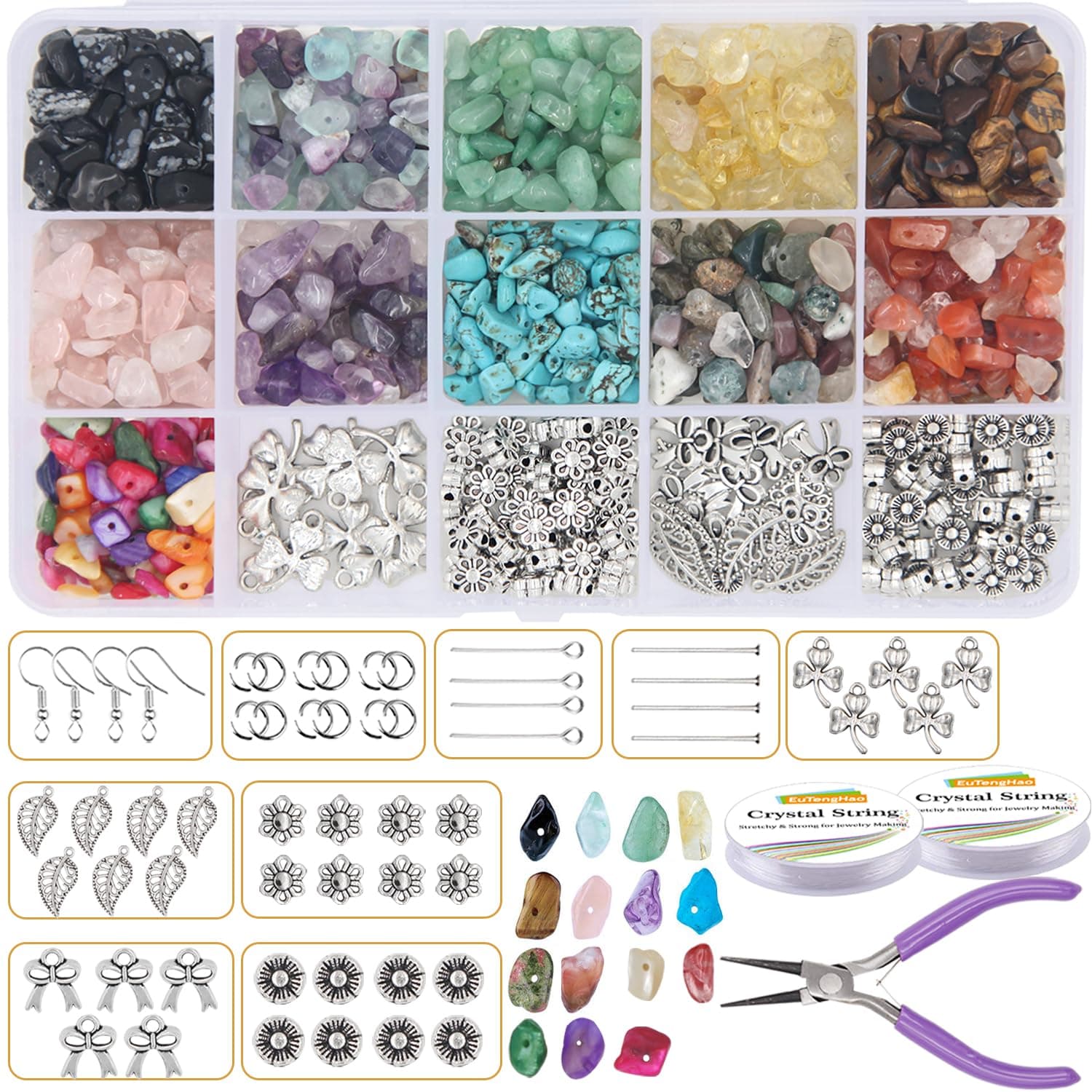 EuTengHao 933Pcs Irregular Chips Stone Beads Natural Gemstone Beads Kit with Earring Hooks Spacer Beads Pendants Charms Jump Rings for DIY Jewelry Necklace Bracelet Earring Making Supplies