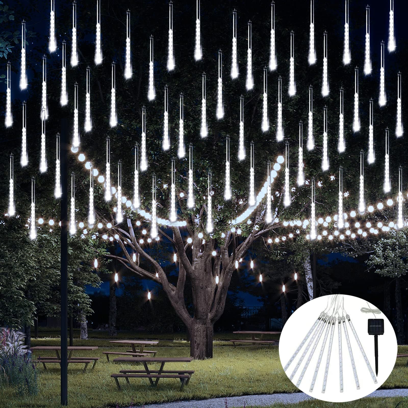 JMEXSUSS White Solar Christmas Lights, 8 Tube 144 LEDs Solar Meteor Shower Lights Outdoor, White Christmas Light for Tree Wedding Xmas Holiday Party Patio GazeboDecor