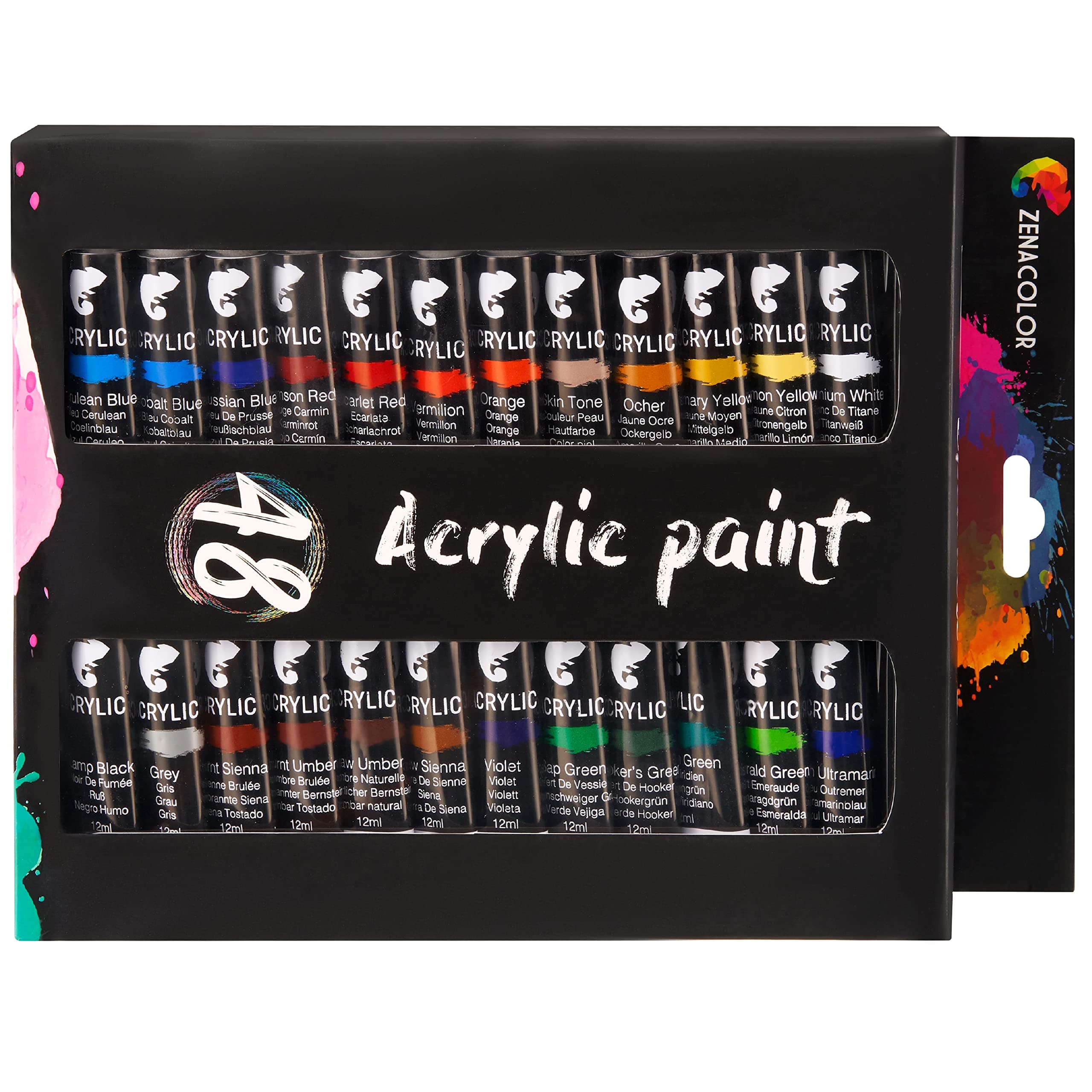 Zenacolor 48 Acrylic Paint Set 12ml Tubes (0.4 oz) - Set of Paints for Canvas, Art and Craft for Artist and Professional