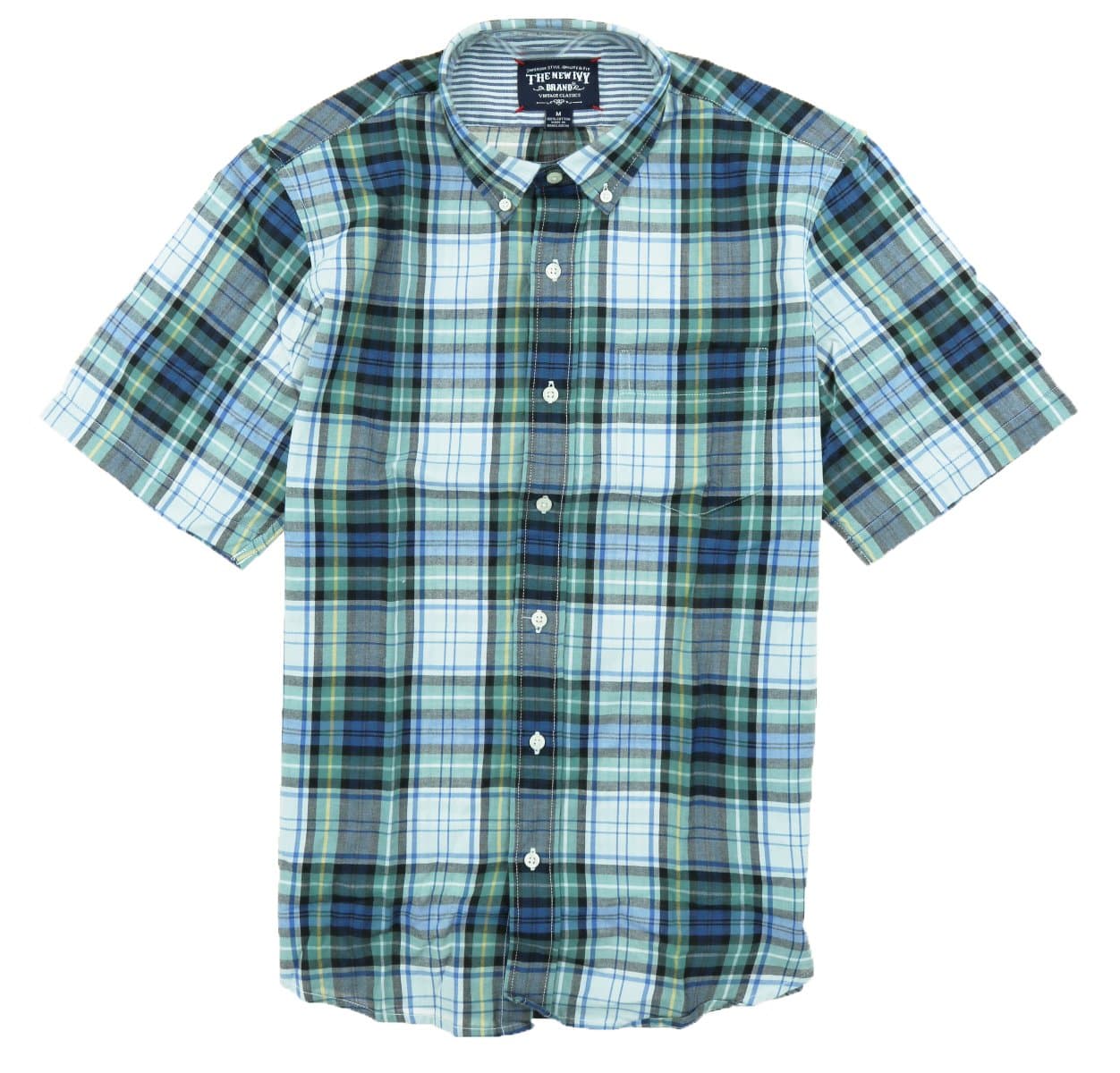 New Ivy Mens Button Down Authentic Indian Madras Cotton Plaid Short Sleeve Shirt (Medium, Green Navy Plaid)