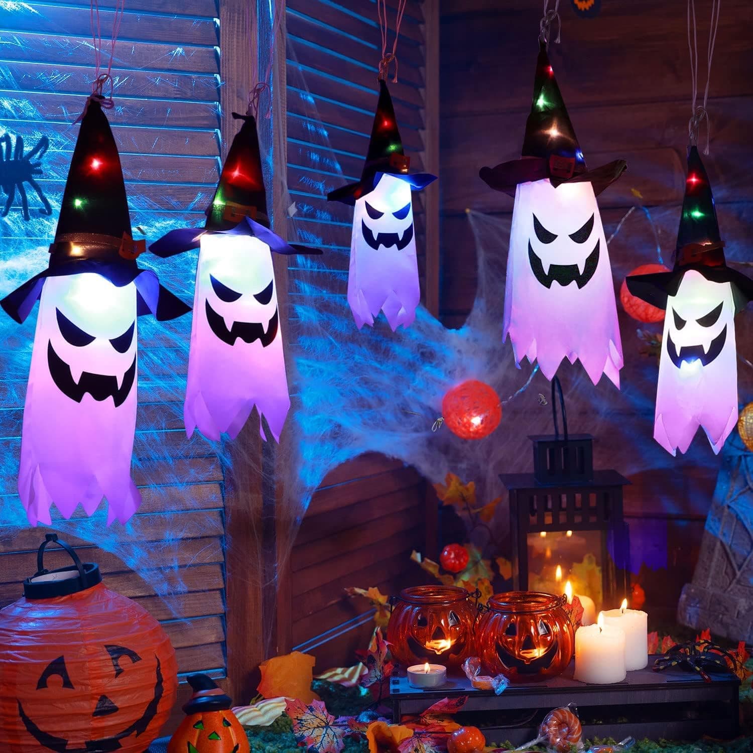 Halloween Decorations Outdoor,5 PCS Hanging Halloween Lighted Glowing Ghost Witch Hat Outdoor Ornaments,Halloween Party Indoor Outdoor Home Tree Garden Yard,Halloween Party Favors (A)