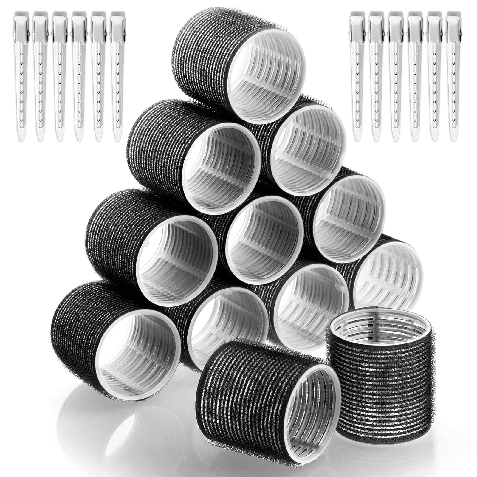Acejoz Jumbo Hair Curlers Rollers, 24Pcs Big Rollers for Set Self Grip Holding with Stainless Steel Duckbill Clips Long Medium Short Thick Fine Thin Bangs Volume, Black